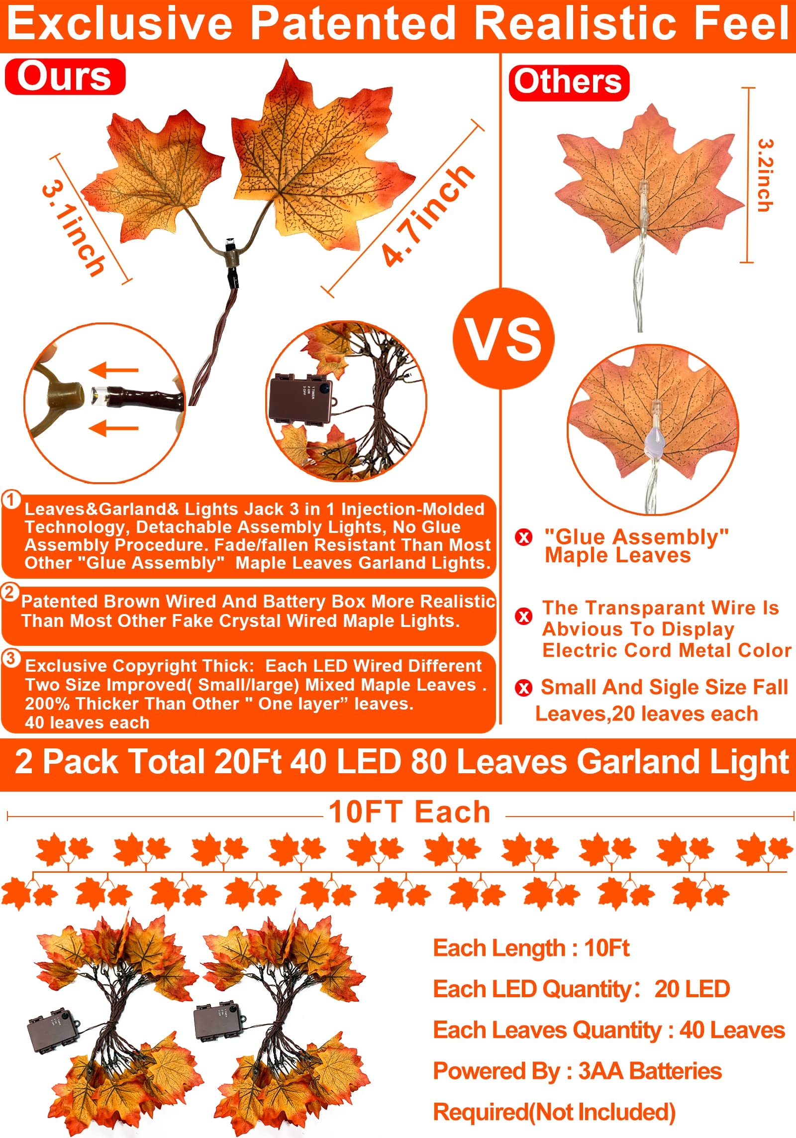 [ Timer & Thicker Leafed ] 2 Pack Fall Garland With Lights Fall Thanksgiving Decor Total 80 Leafed 40Led 20Ft Battery Operated Two Leafed Paired With Each Bright Led Fall Halloween Decor Home Indoor