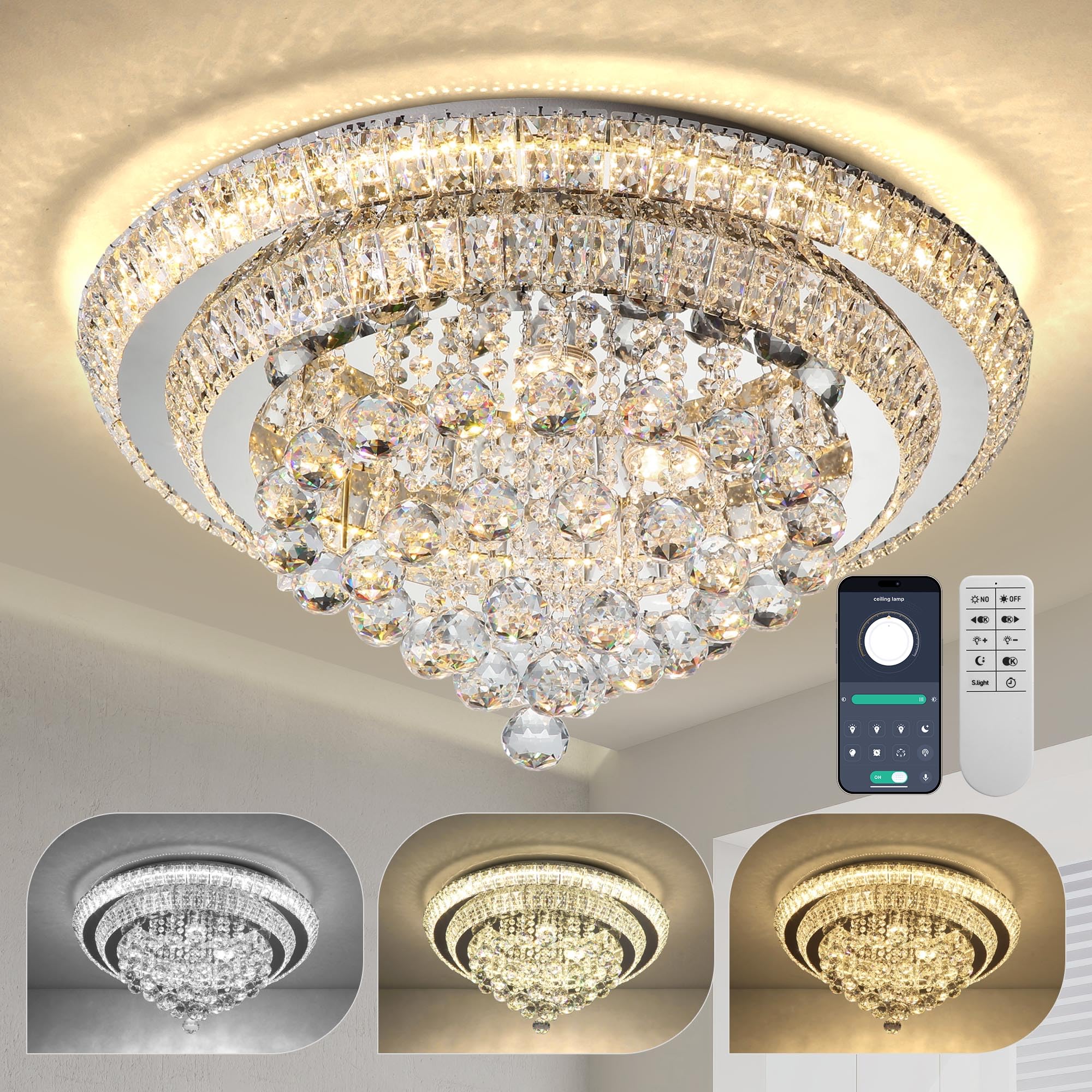 COCOSTAR 24 Crystal Chandeliers  Flush Mount Chandelier LED Ceiling Light  Modern Crystal Raindrop Chandeliers for Dining Room  Living Room  Bedroom