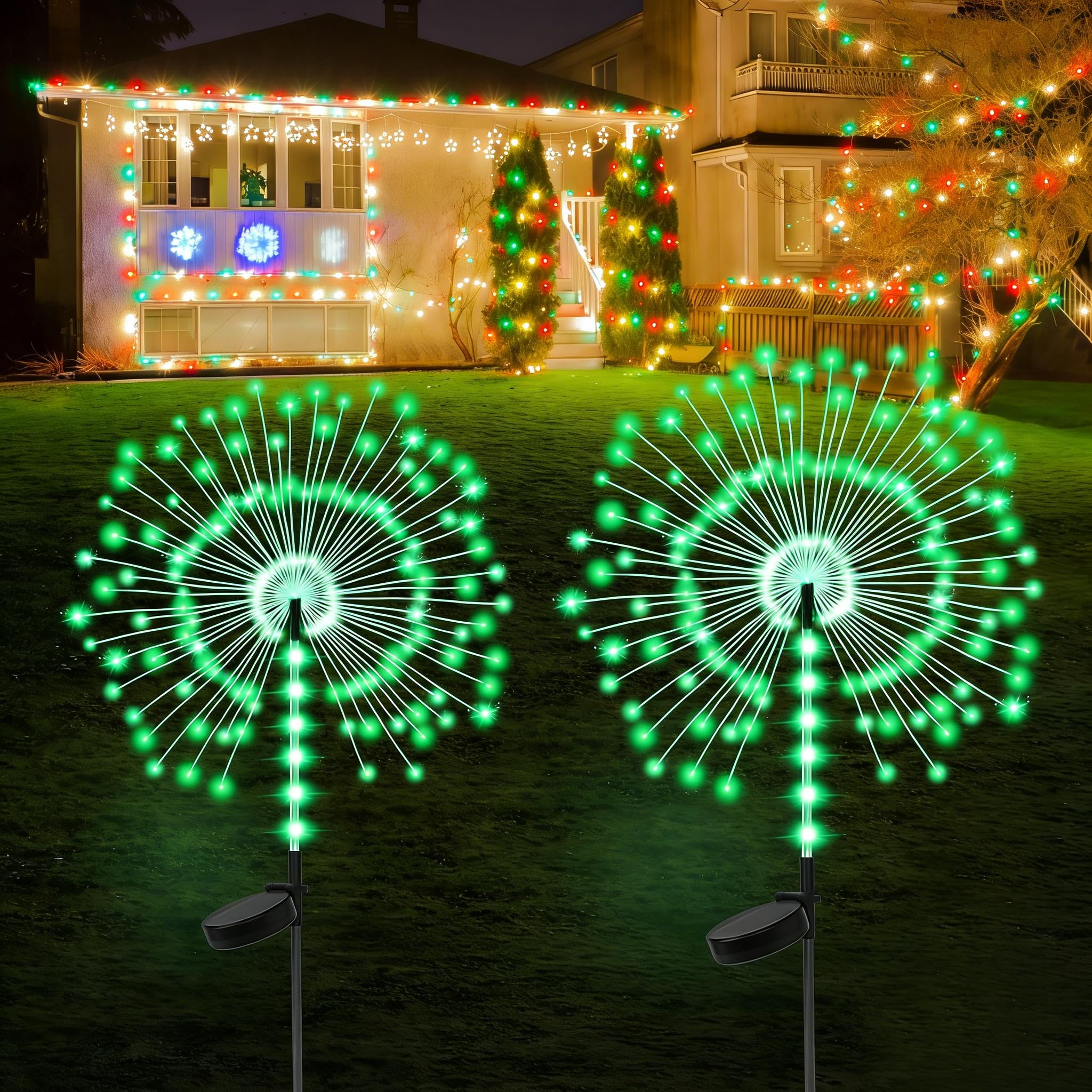 2 Pack 250LED Solar Garden Lights Outdoor  Dual Lighting Modes Firework Lights Solar Powered  Waterproof Twinkle Fairy Light Outside for Yard Patio Pathway Christmas Party Decorative(Green)