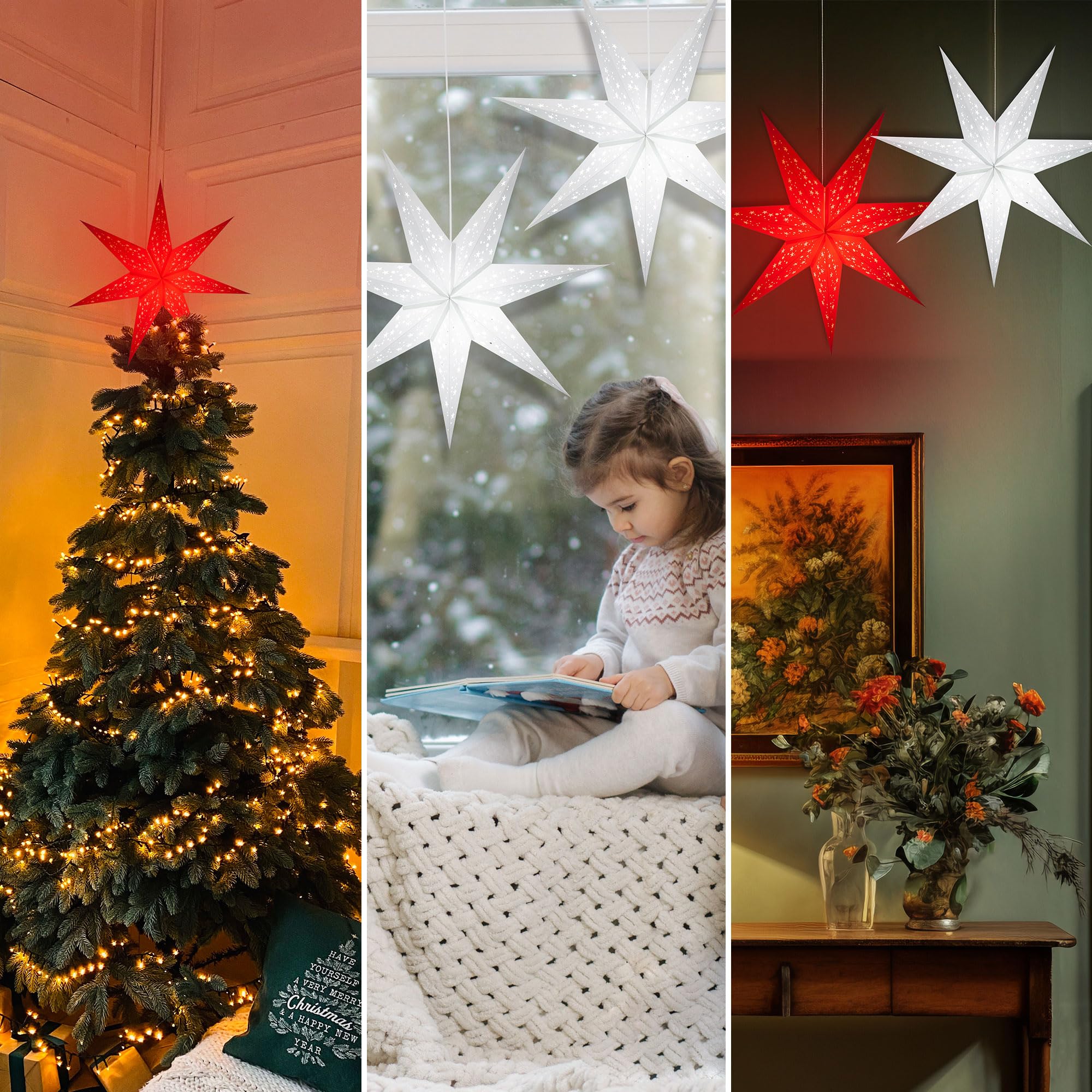 GalaxyArts 24-Inch Red Paper Star Lantern - 3D 7-Point Hanging Decoration, Medium Boho Star Light for Christmas, Diwali, Party, Wedding