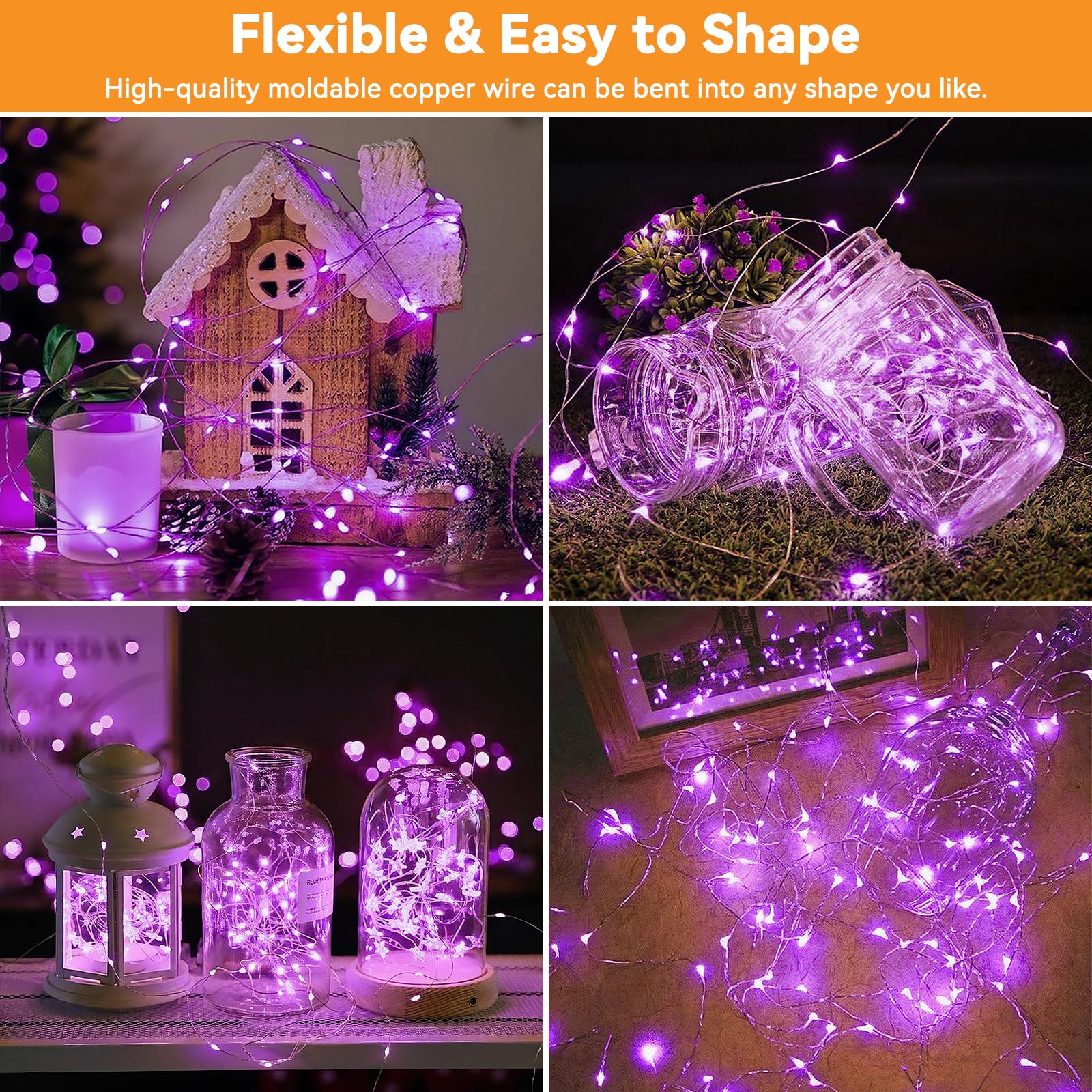Solar String Lights Outdoor Waterproof 2 Pack Total 66Ft 200Led 8 Modes Twinkle Lights Solar Fairy Lights For Patio  Garden Yard Party Wedding Tree Christmas Halloween Decoration  Purple