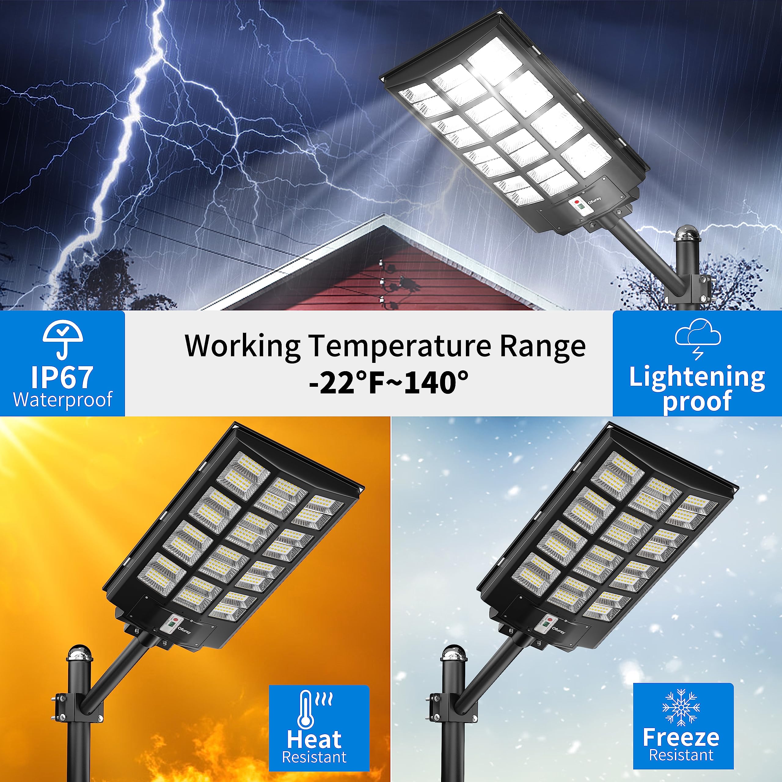 Ofuray Of-5600W Solar Street Lights - 560000Lm Waterproof LED, Remote Control, Black, 1Pack, Dusk to Dawn Security Flood Lights