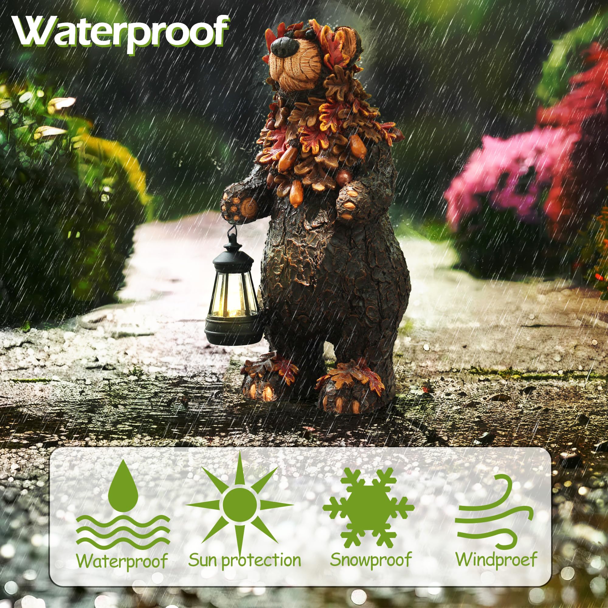 Ymxyjm Solar Garden Statue Bear Figurine, Garden Art Outdoor Statues With Solar Lantern, Loving Bear For Patio, Balcony, Yard, L