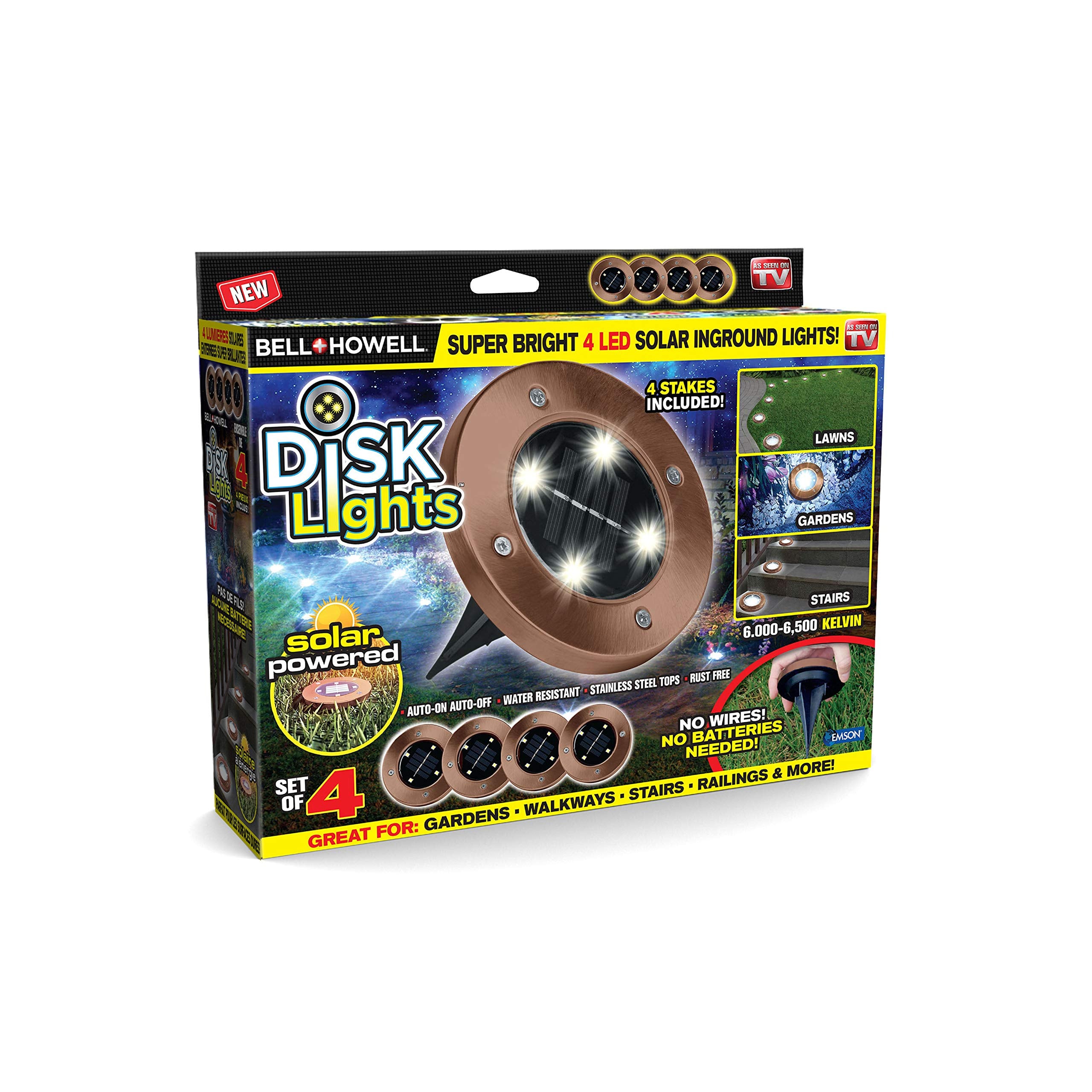 Bell+Howell Disk Lights Solar LED Outdoor 4 Pack, Weatherproof, Bronze, Model 2122
