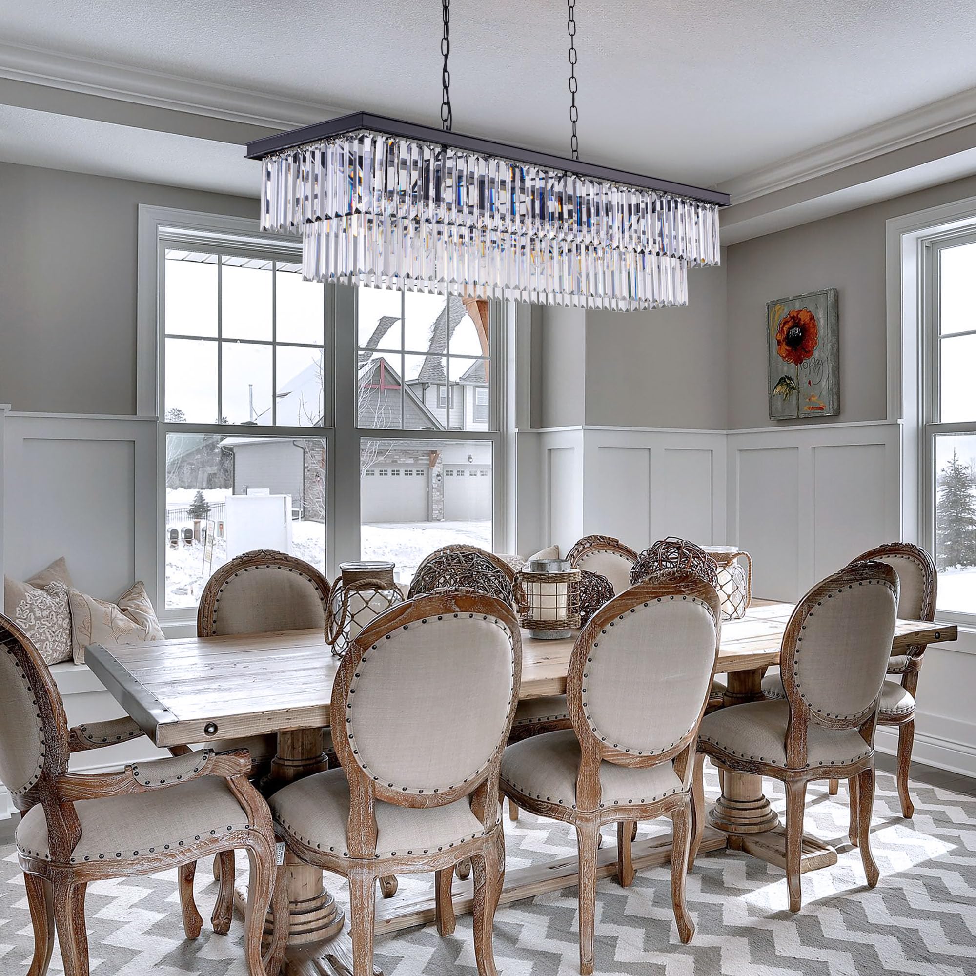 Wellmet 47-Inch Black Crystal Chandelier, 11-Light Modern Rectangular Metal Fixture for Dining Room, Living Room, Kitchen Island