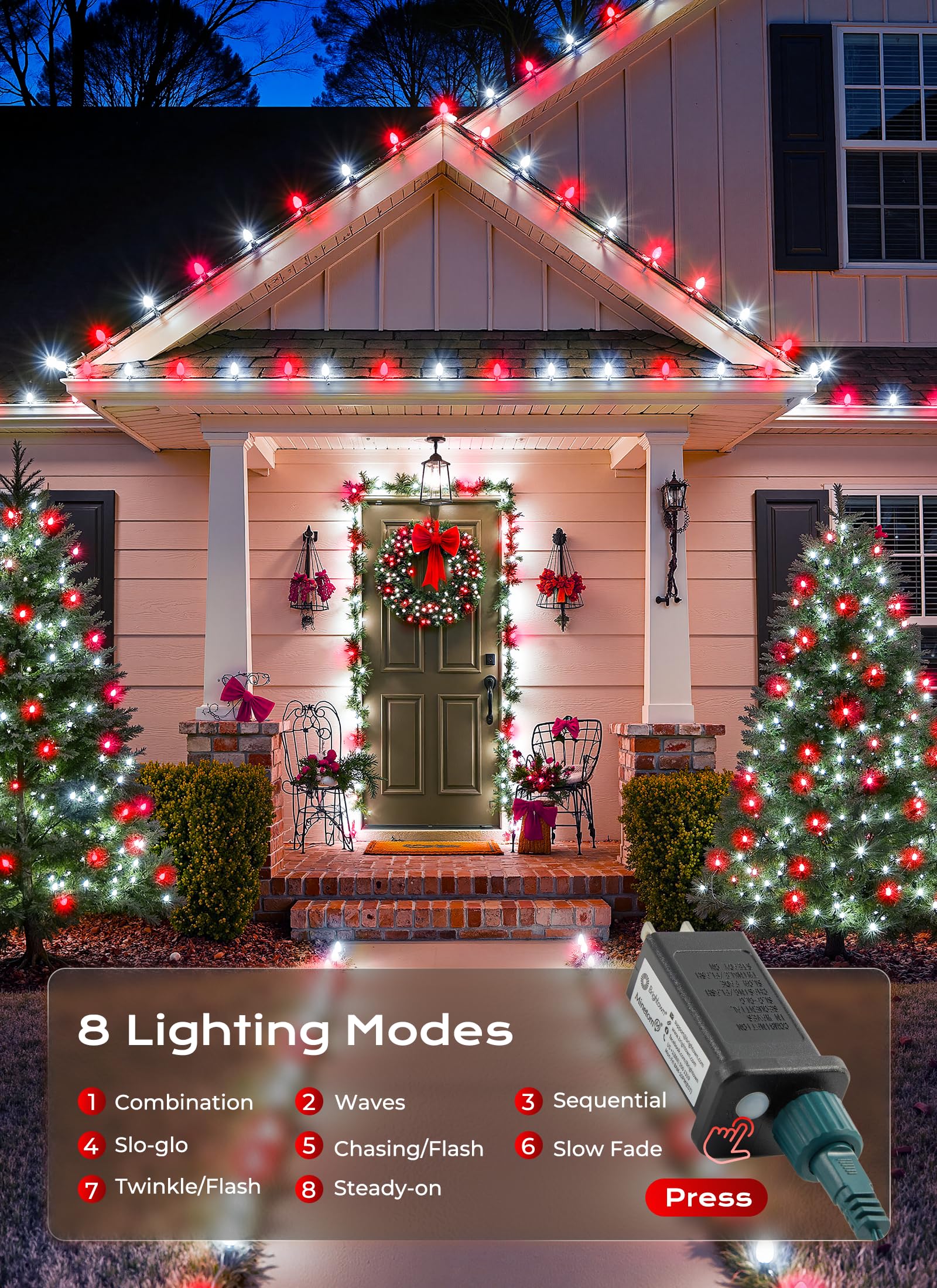 C9 Outdoor Christmas Lights  72 Ft 110 Led C9 String Lights  8 Modes & Timer Extendable Waterproof For Christmas Tree Indoor Outdoor Roofline Patio Outside Garden Backyard Xmas Decor  Red White 2 Pack