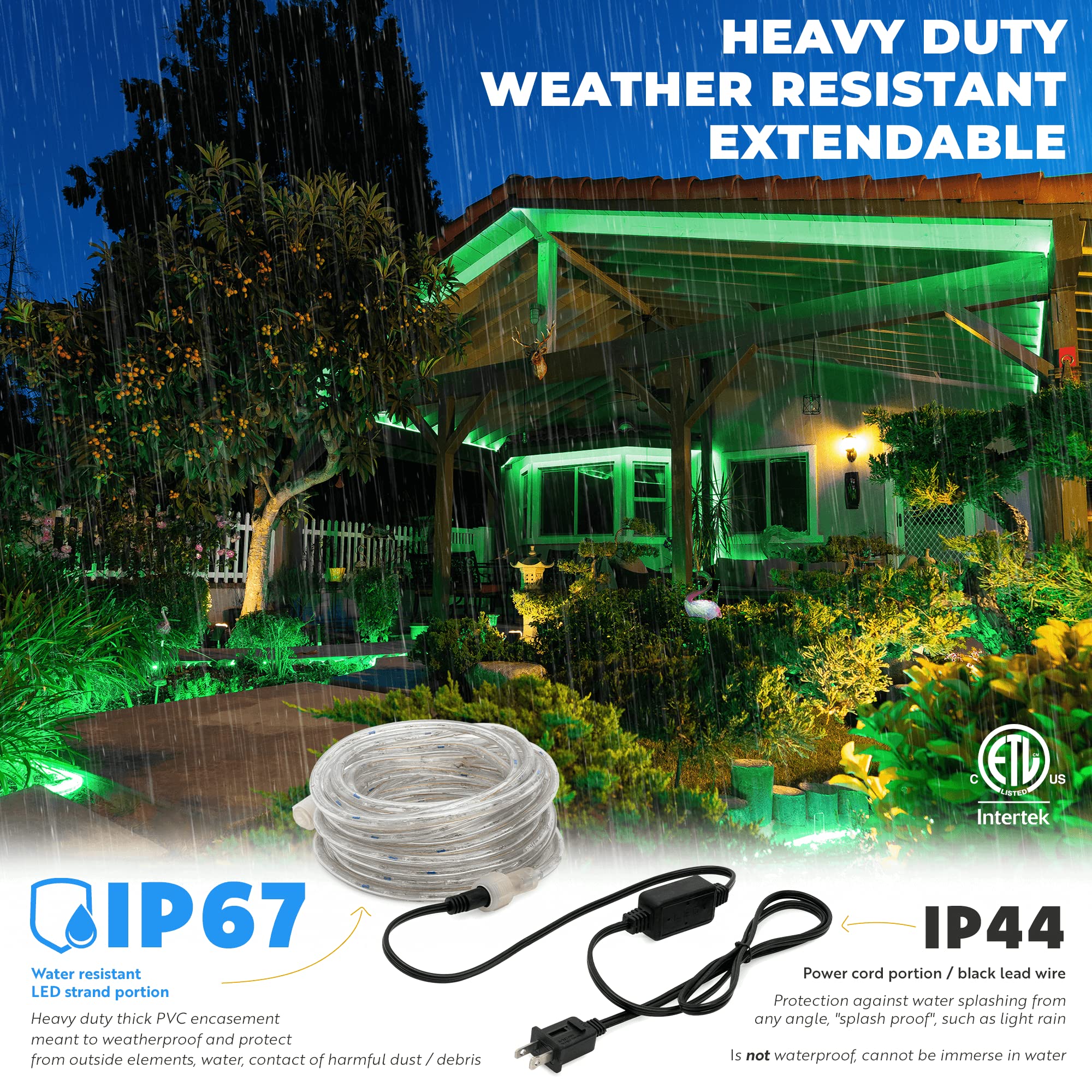 Wyzworks 1656Leds, 150Ft Led 1/2” Green Rope Light, Connectable Outdoor Permanent Waterproof Accent Exterior Lighting, Flexible Clear Pvc, Etl Certified, Holiday, Backyard Patio, Home, Decor
