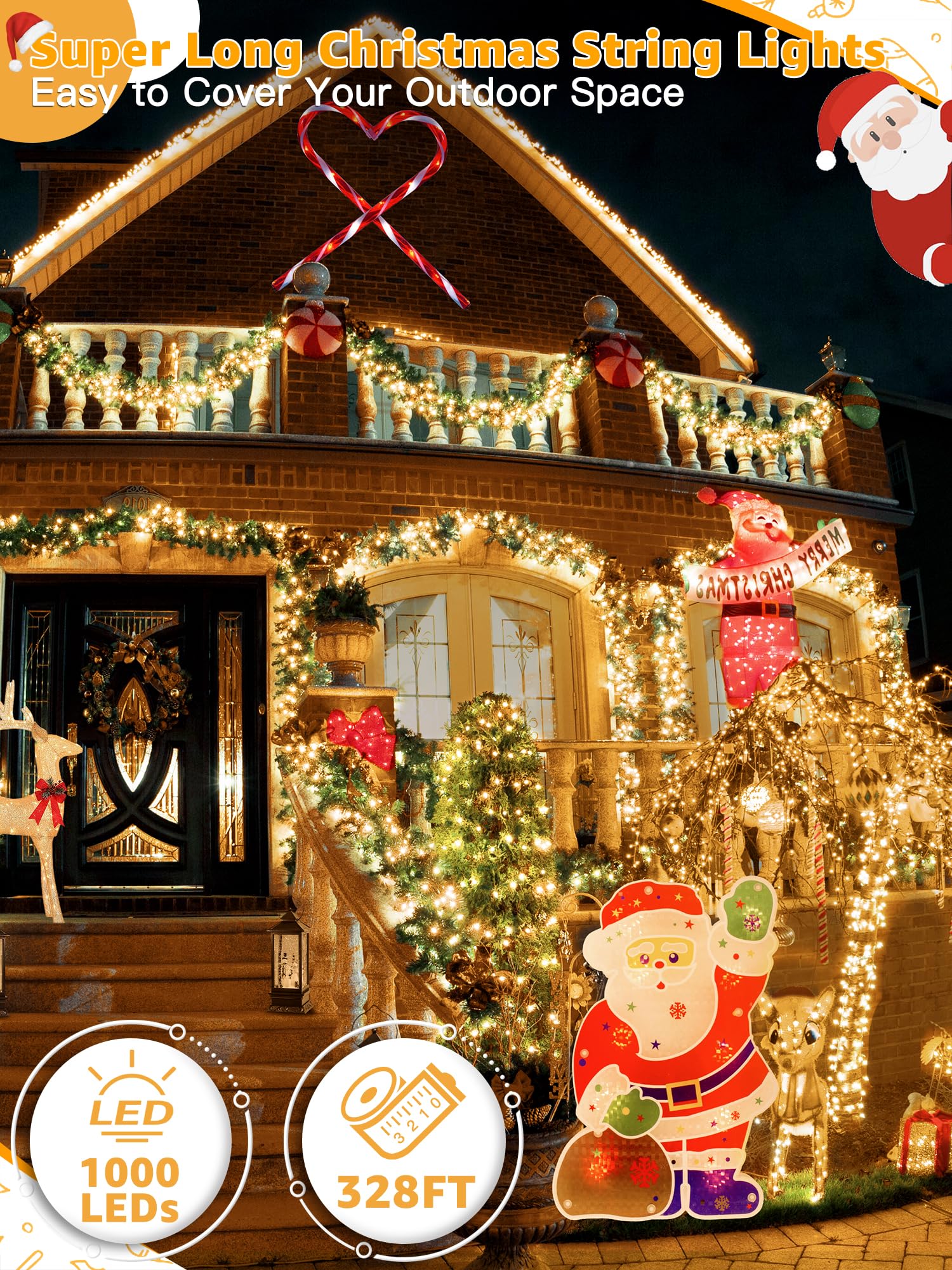 Brightchristmas 1000 Led Waterproof Outdoor String Lights, Warm White, 328 Ft, With Remote & Timer, 8 Dimmable Modes, Model Nya1000A