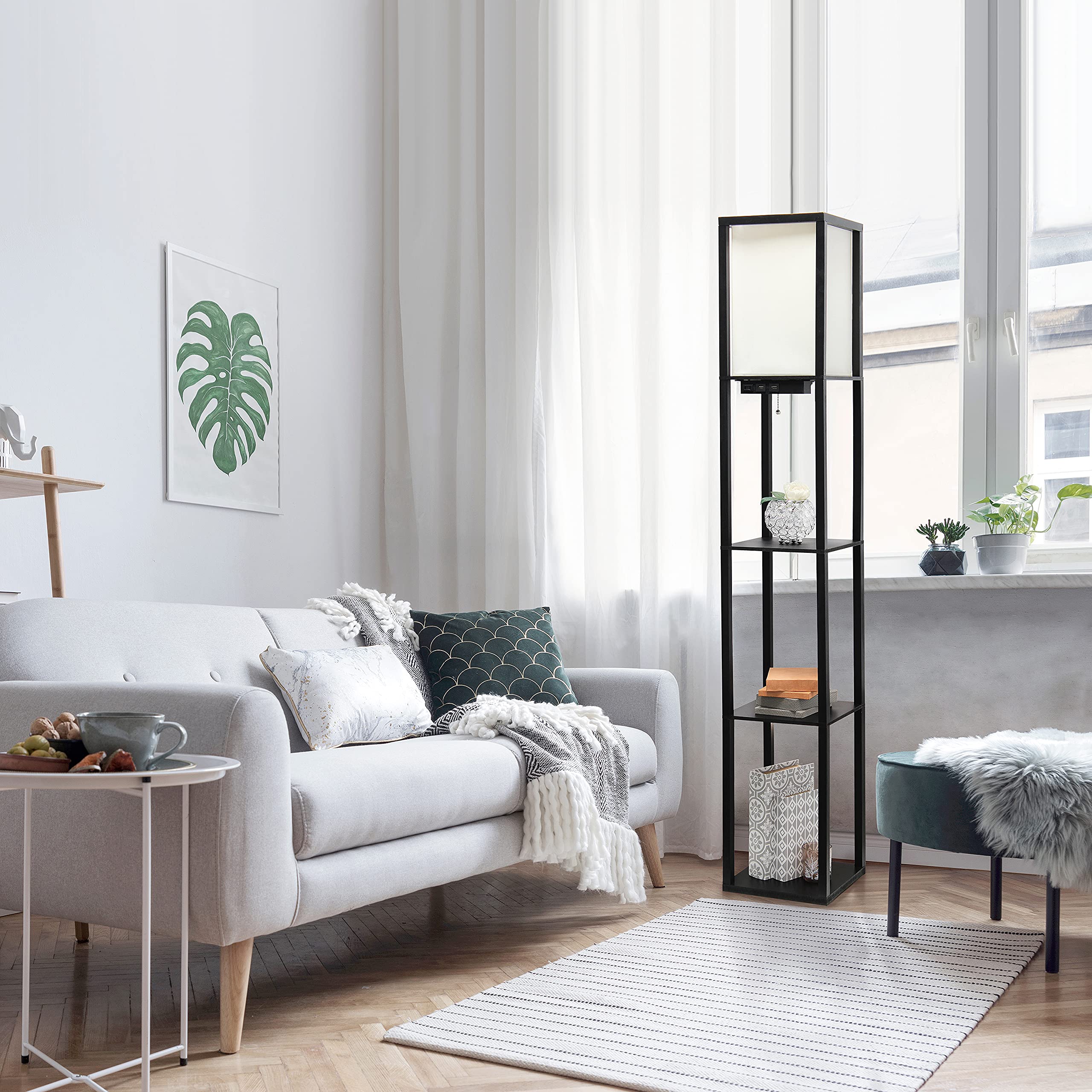 Simple Designs Lf1037-Blk-Lb Three Shelf Etagere Organizer Storage Floor Lamp With 2 Dual Usb Ports And Charging Outlet, Black,