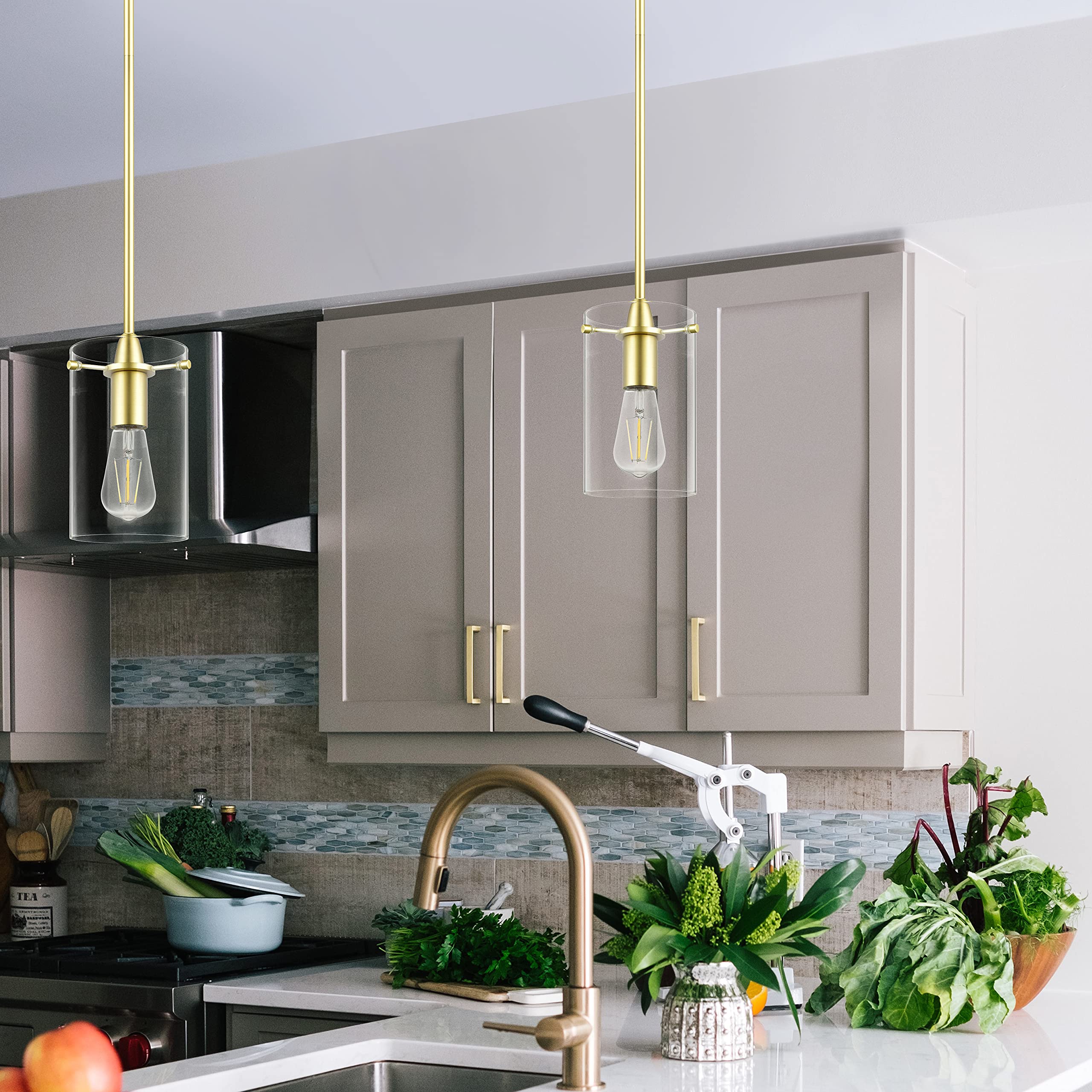 Satin Brass Pendant Lights Kitchen Island - Medium Clear Glass Pendant Light Fixture