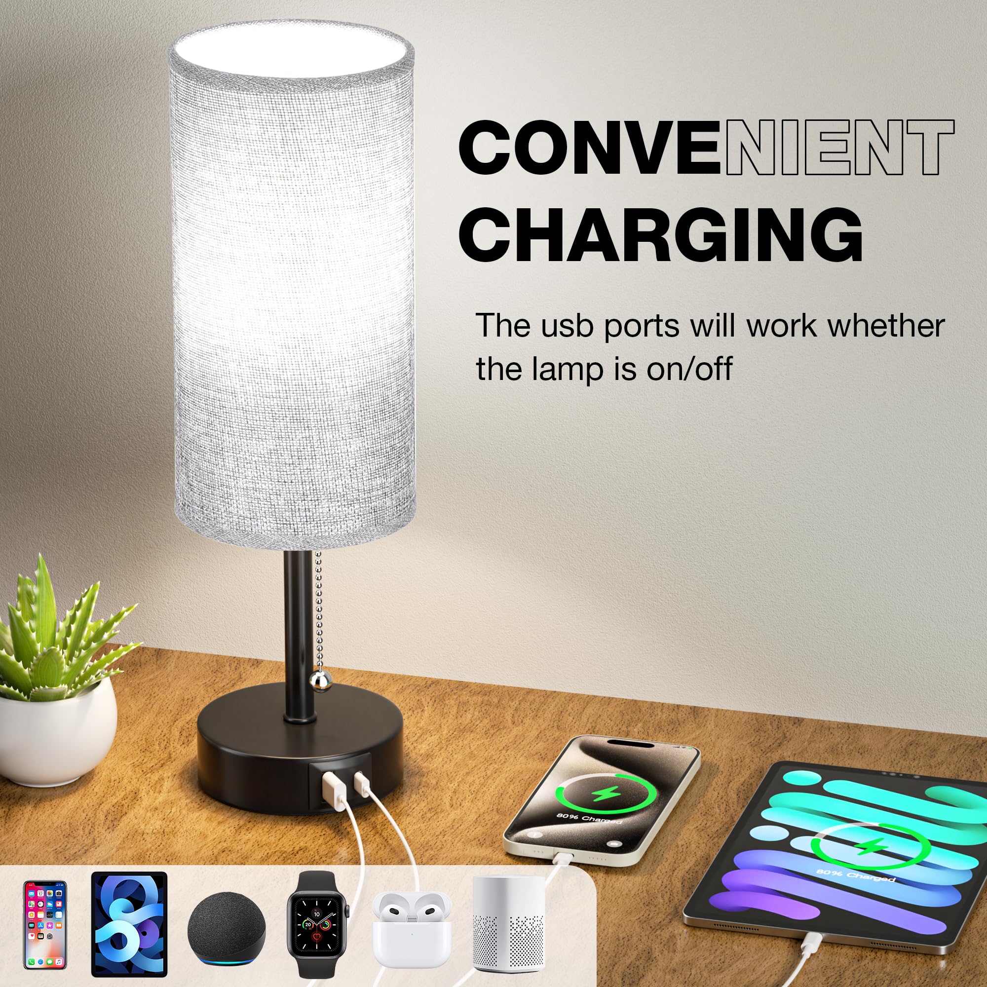Grey Bedside Lamps For Bedroom Set Of 2 - 14 Inches Tall Nightstand Table Lamp With Usb A + C Charging Port, 3 Color Temperature