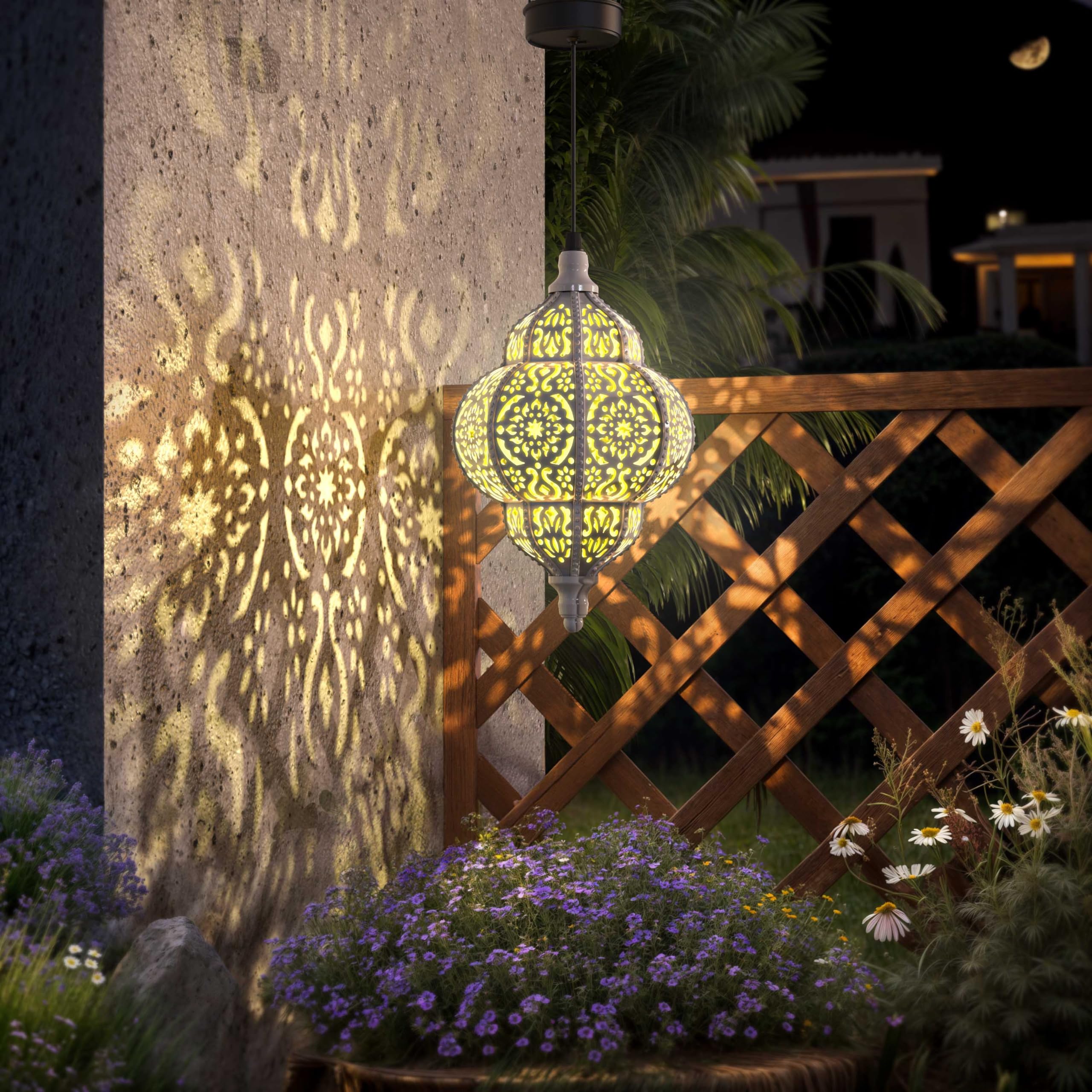 Hapjoy Solar Lanterns - Waterproof Plastic Moroccan Style Outdoor Lights for Garden, Pathway, Patio - White, Model ZB-520 (Set of 2)