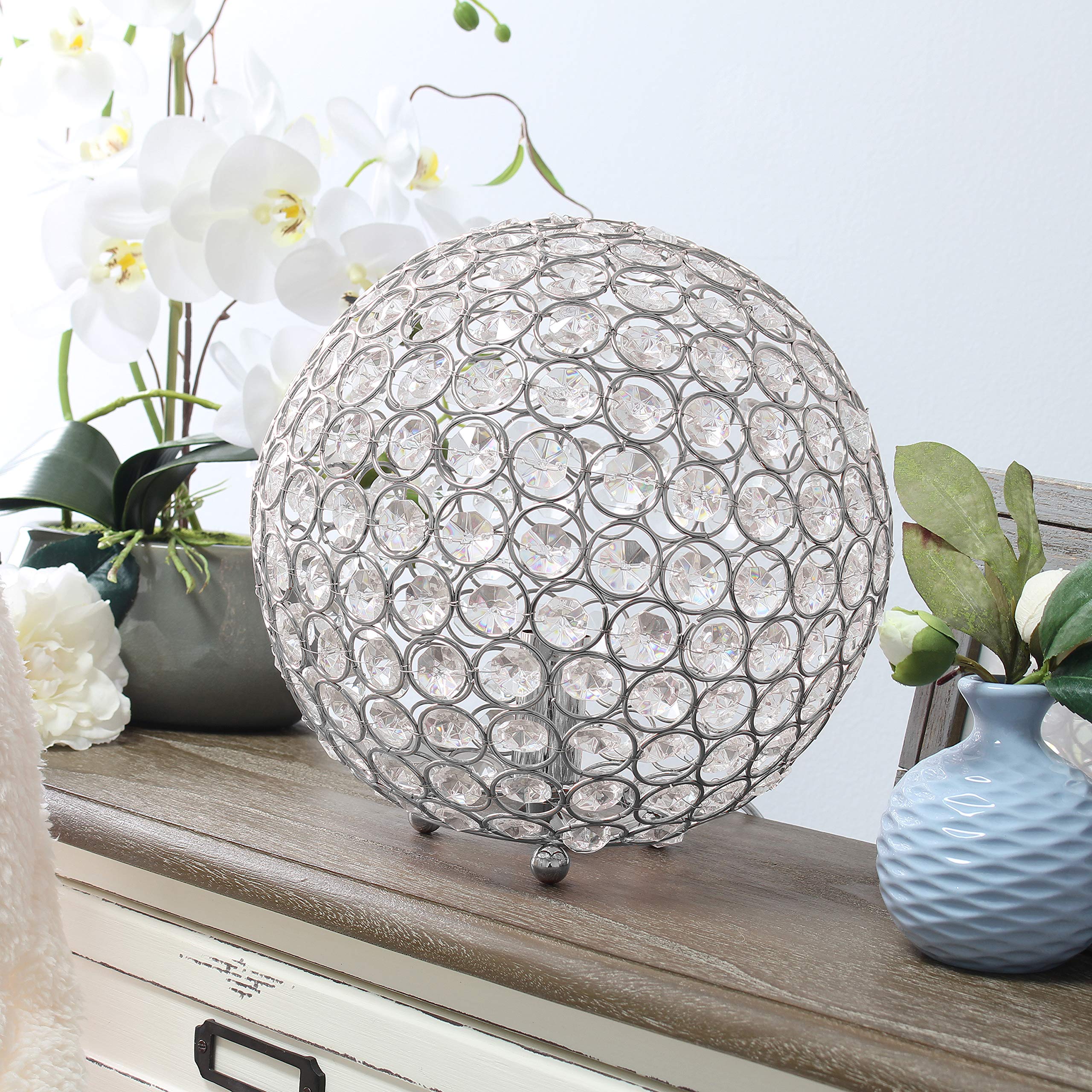 Elegant Designs Lt1067-Chr 10&quot; Elipse Crystal Collection Metal Crystal Ball Sequin Table Desk Lamp For Accent Lighting, Décor, Living Room, Chrome