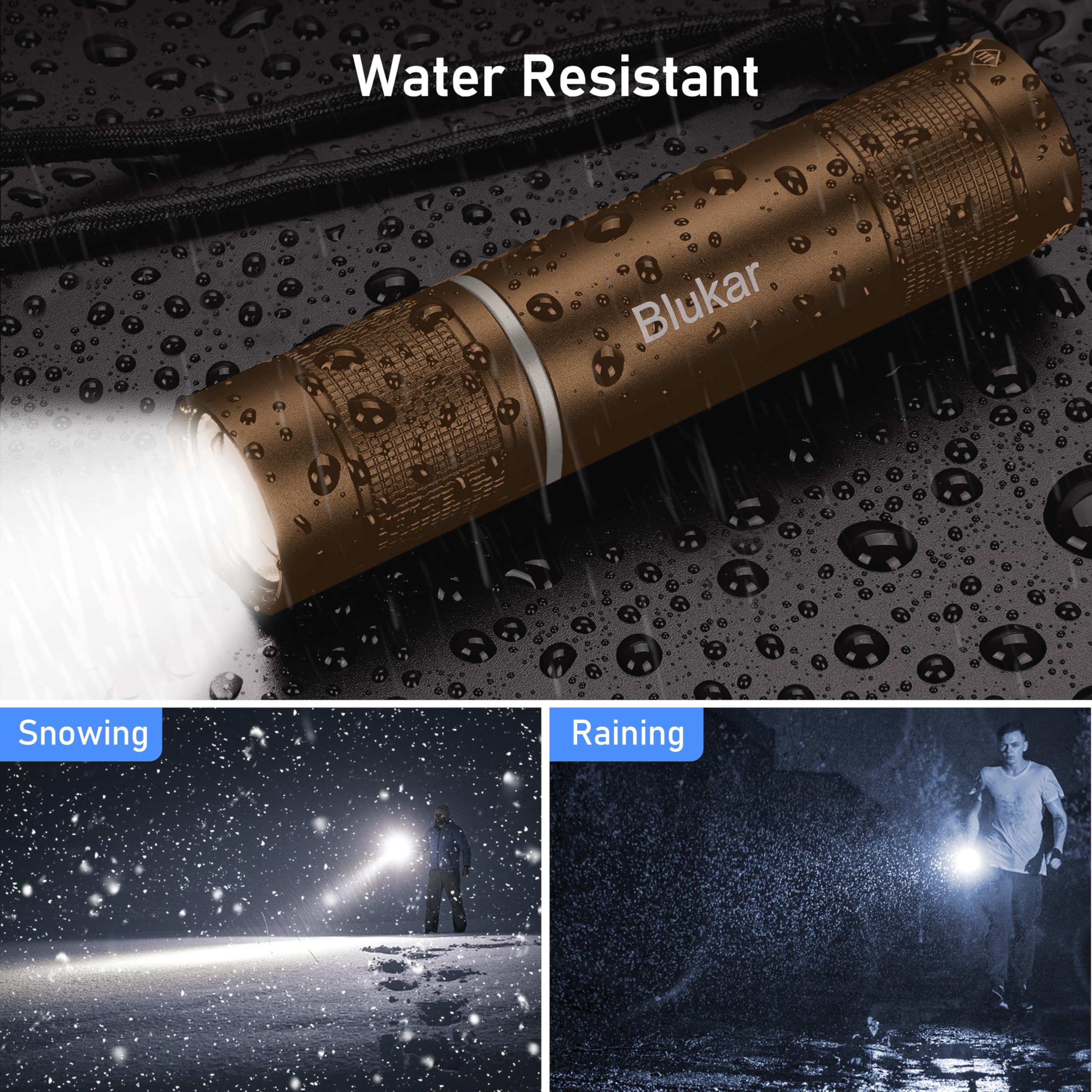 Blukar Rechargeable Flashlight, 2000L, Zoomable LED, Adjustable Brightness, Brown, Aluminum, Model K9132, 1 Pack
