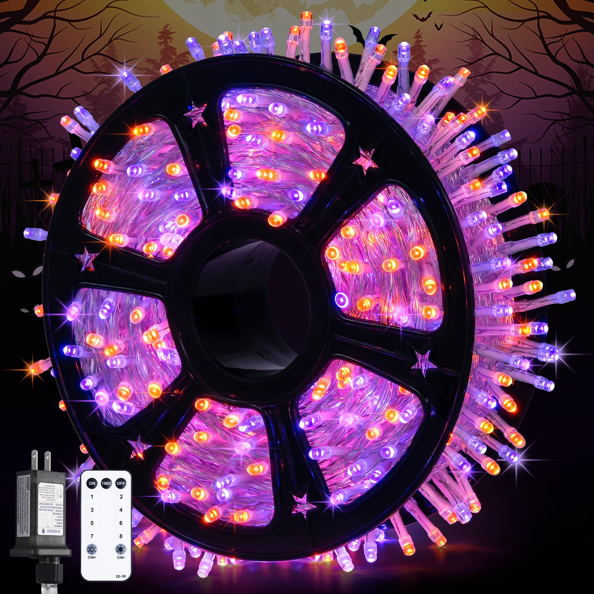 JMEXSUSS 600 LED Christmas String Lights, Orange and Purple, Clear Wire, Model EXS-S-0600