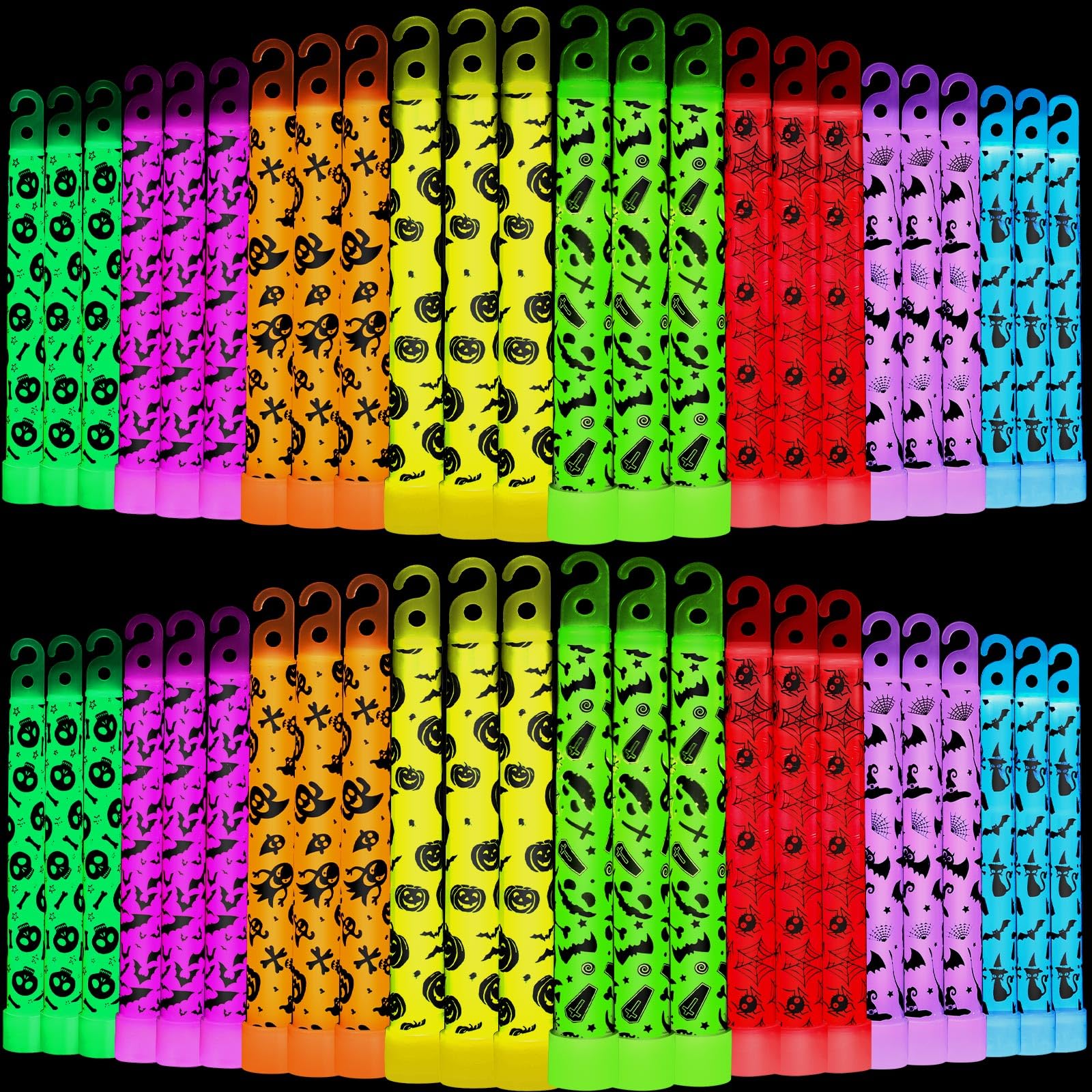 Hiboom 100 Pcs Halloween Glow Sticks Bulk 5.91 Inch Hanging Wands in 8 Designs and 8 Colors Glow in The Dark Sticks for Hallowee