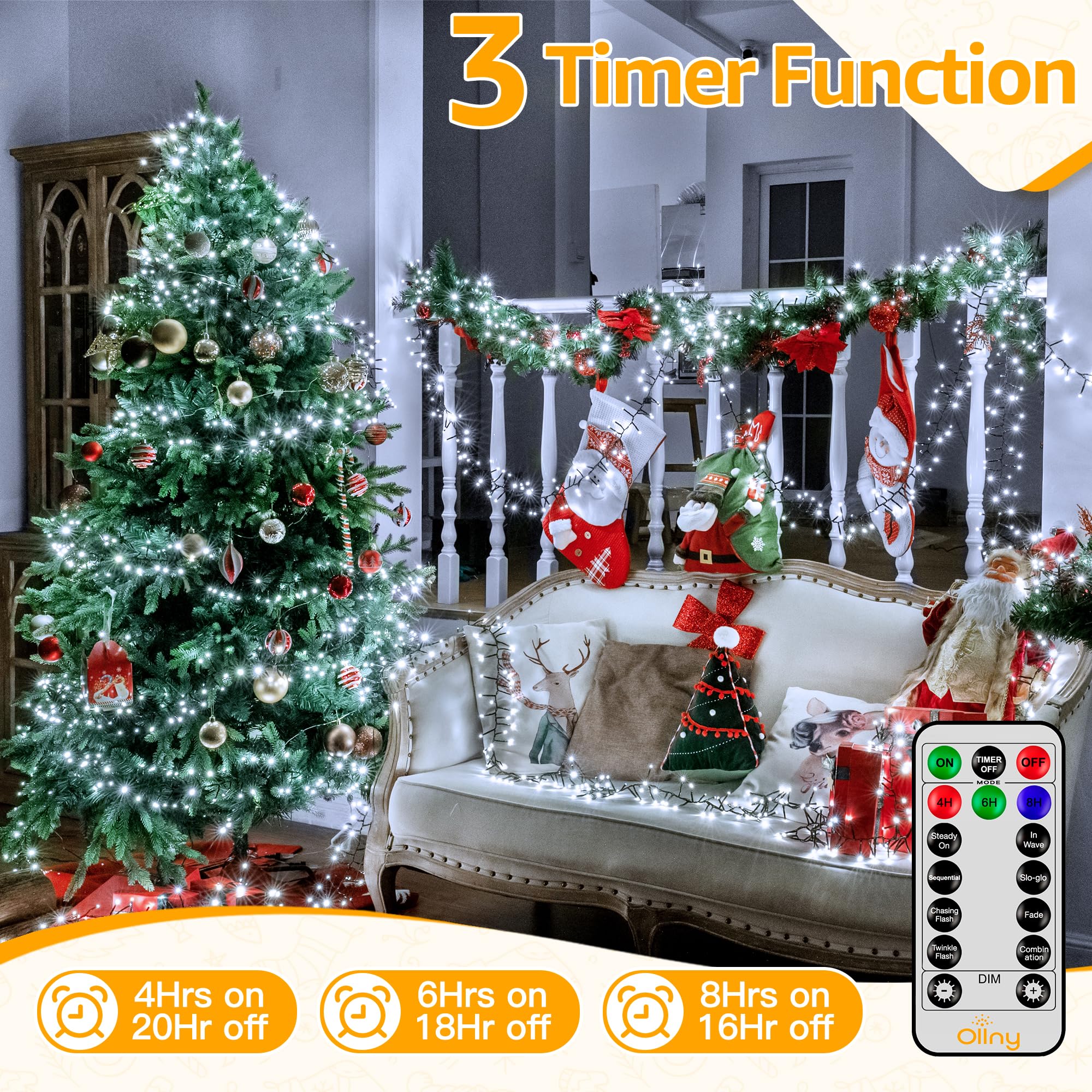 Ollny Cluster Lights Christmas 1000Led 49Ft, Cool White Christmas Tree Lights 8 Modes Timer Remote, Waterproof String Lights For