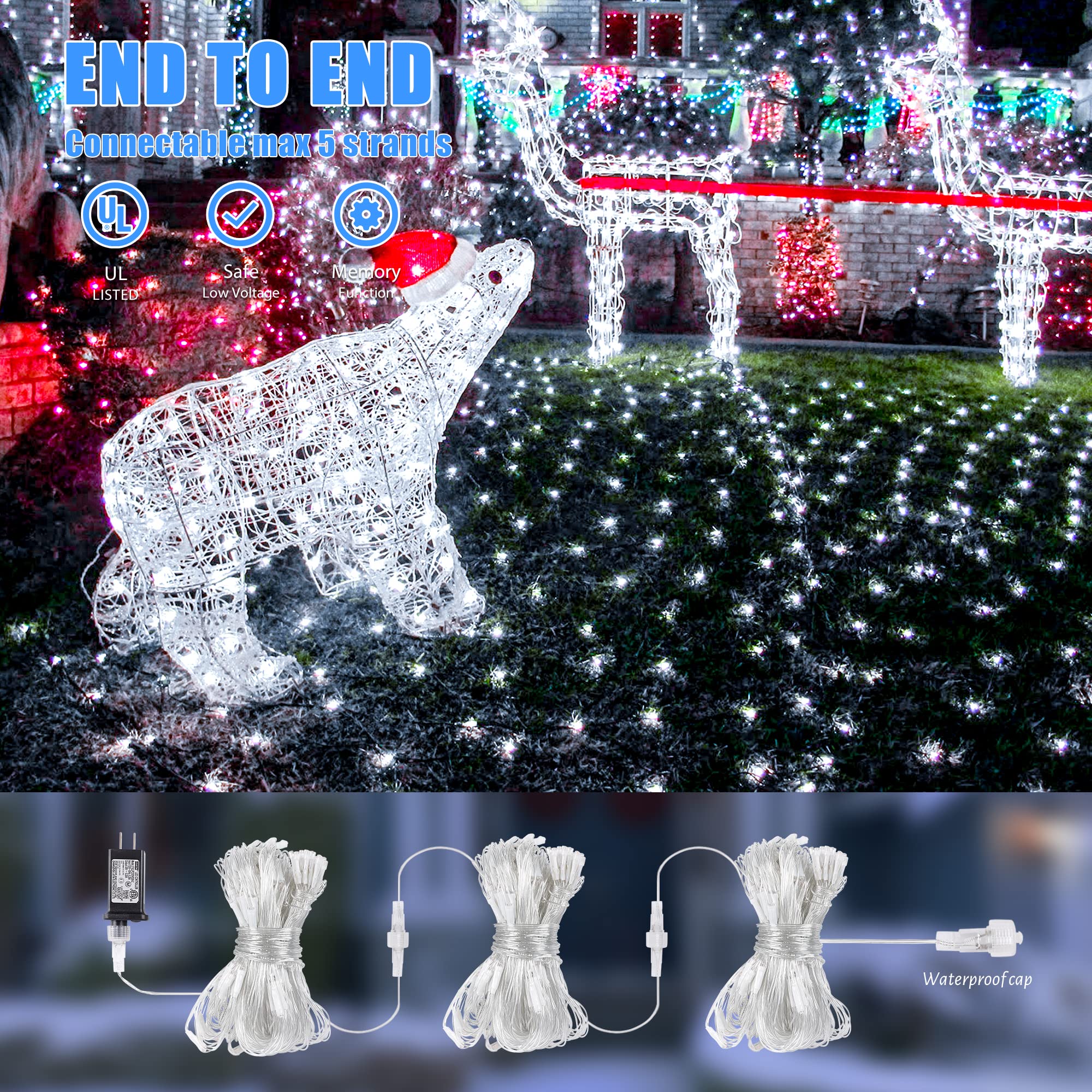 HEYFUNi 192 LED Net Lights, Waterproof Outdoor Mesh Lights, 8 Modes, 9.8ft x 6.6ft, White, Model QX-U-O-N-192-W