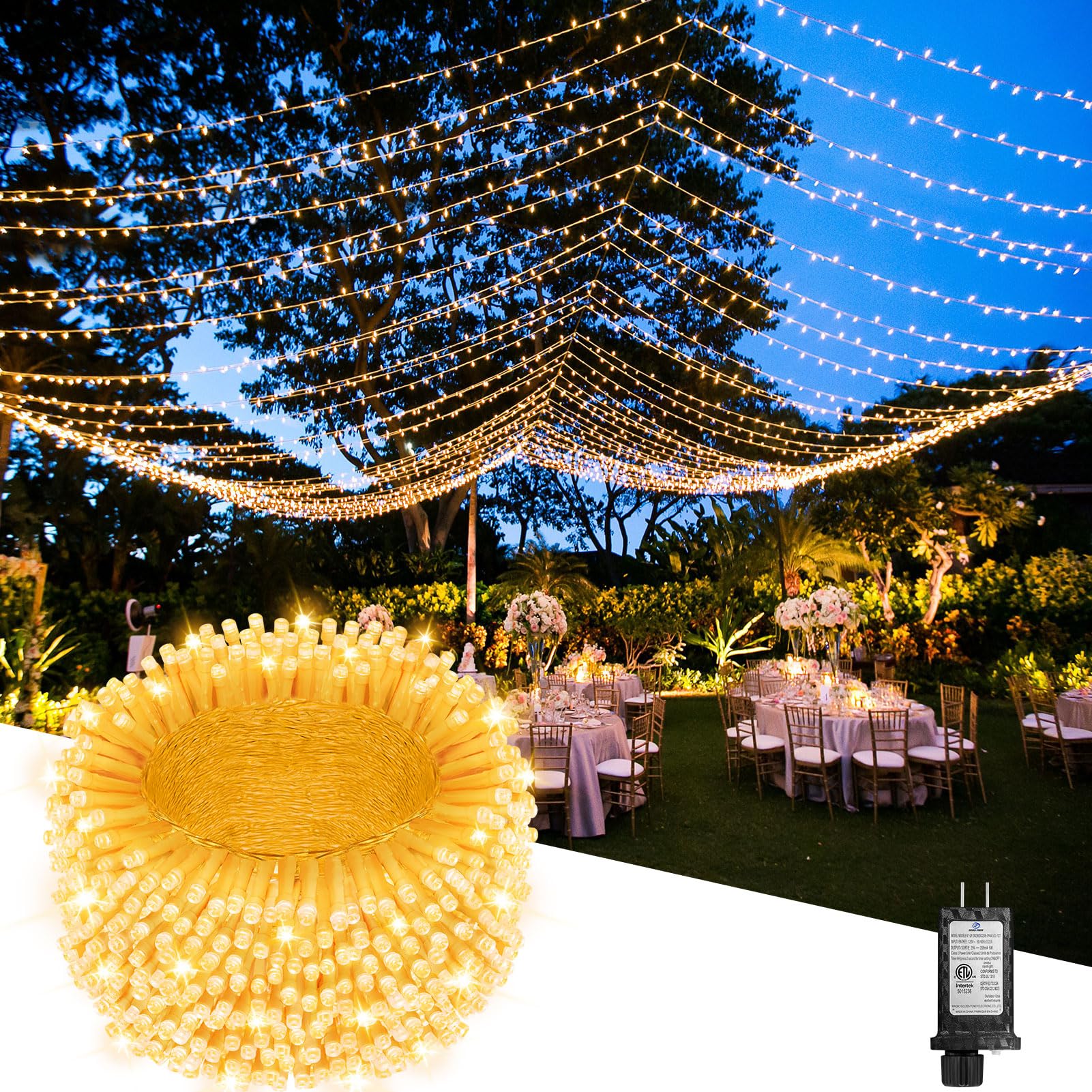 JIXXULVU 355FT 900 LED Outdoor String Lights, Warm White, Waterproof, Timer & Memory, 8 Modes, PVC/Copper Wire, Model 300L