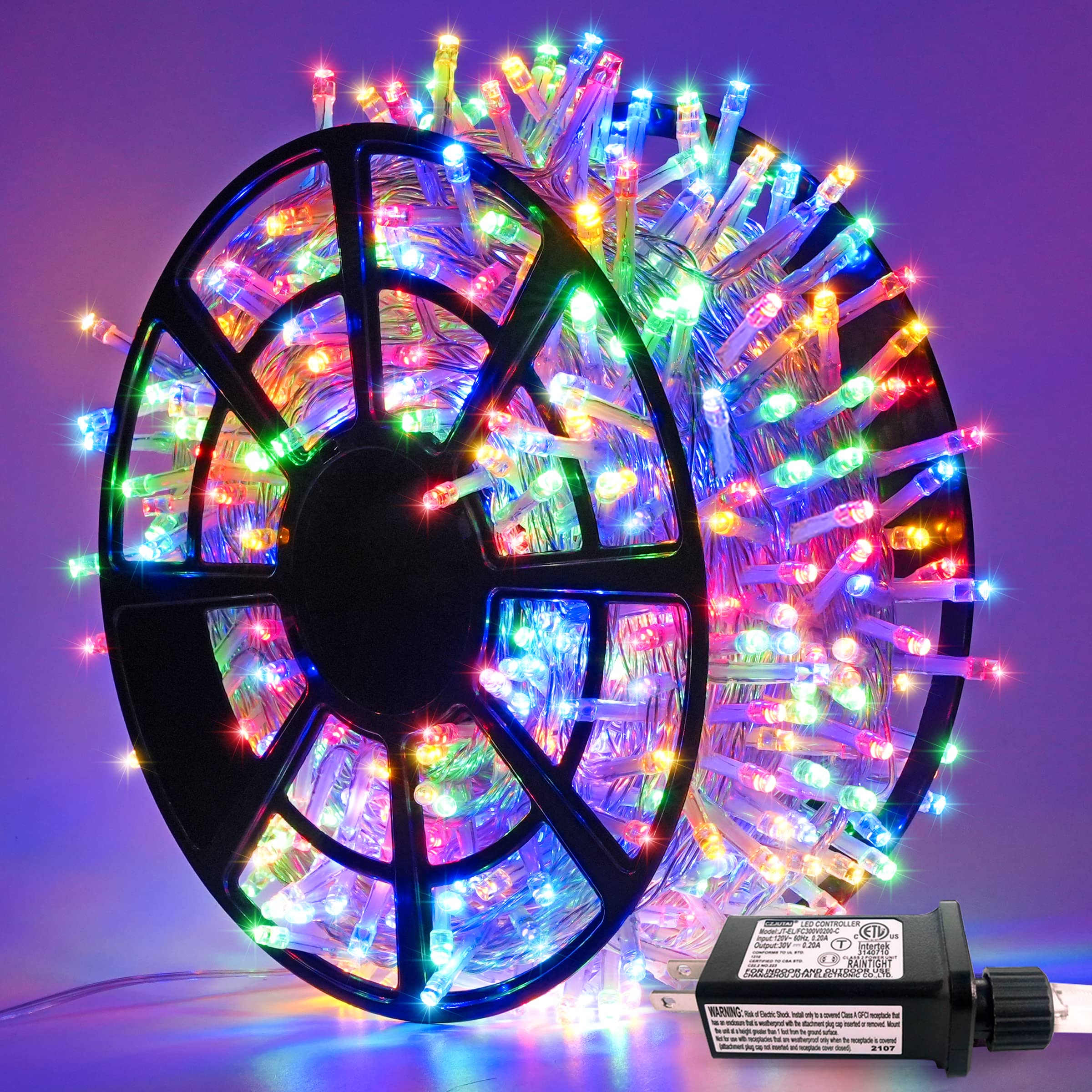 JMEXSUSS 163ft Outdoor LED Christmas Lights, Waterproof, 8 Modes, Plug-in, Multicolor, Model EXS-S-0500, With Reel