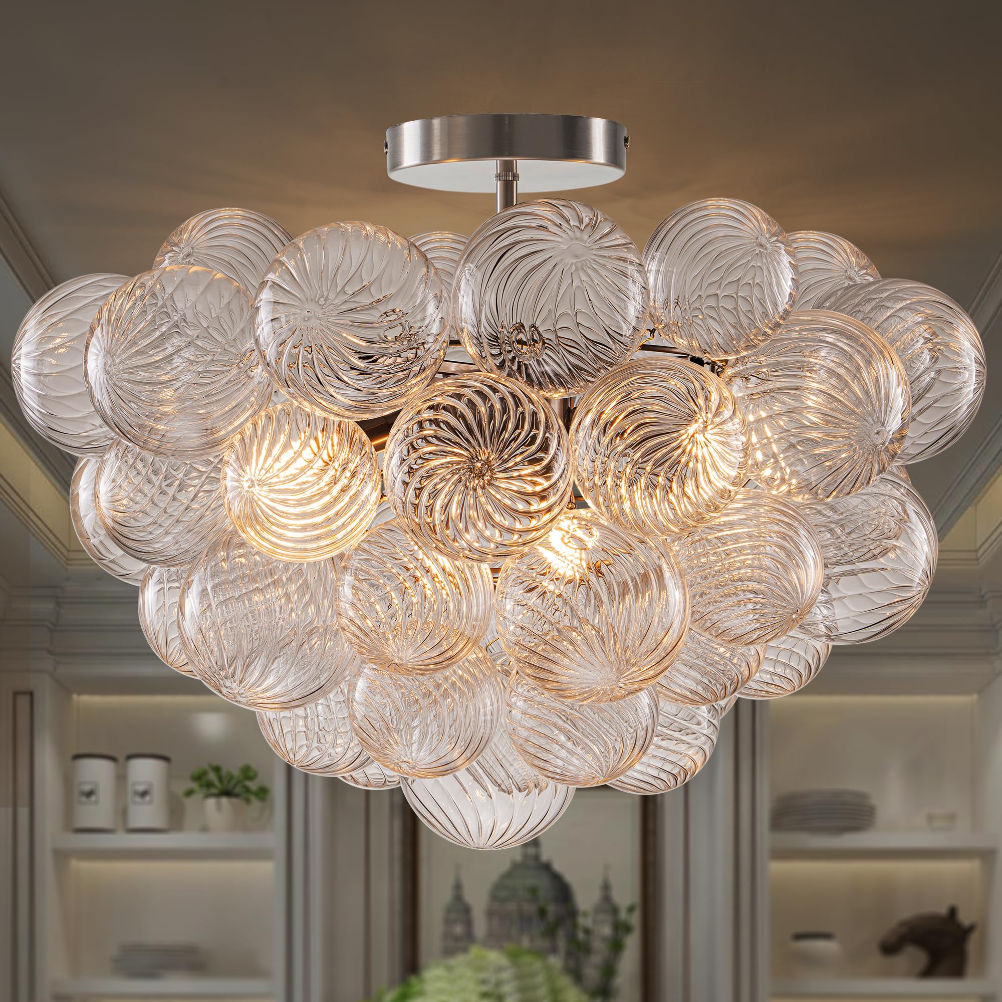 BeyPan Bubble Ball Glass Chandelier Brushed Nickle Semi Flush Mount Ceiling Light Fixture 20'' Dia Clear Ribbed Blown Glass Glob