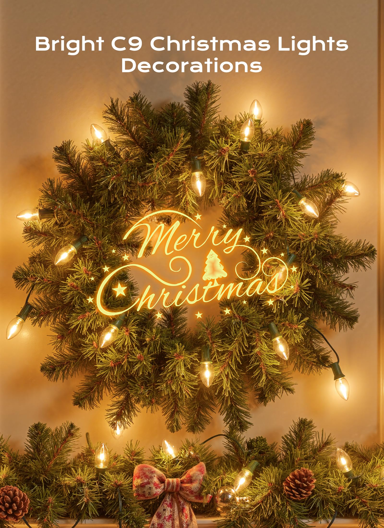 C9 Christmas Lights Outdoor  50 Ft 50 Led Vintage Warm White C9 String Lights Connectable For Christmas Tree Roofline Patio Garden Backyard Holiday Party Indoor Outdoor Decoration  Green Wire