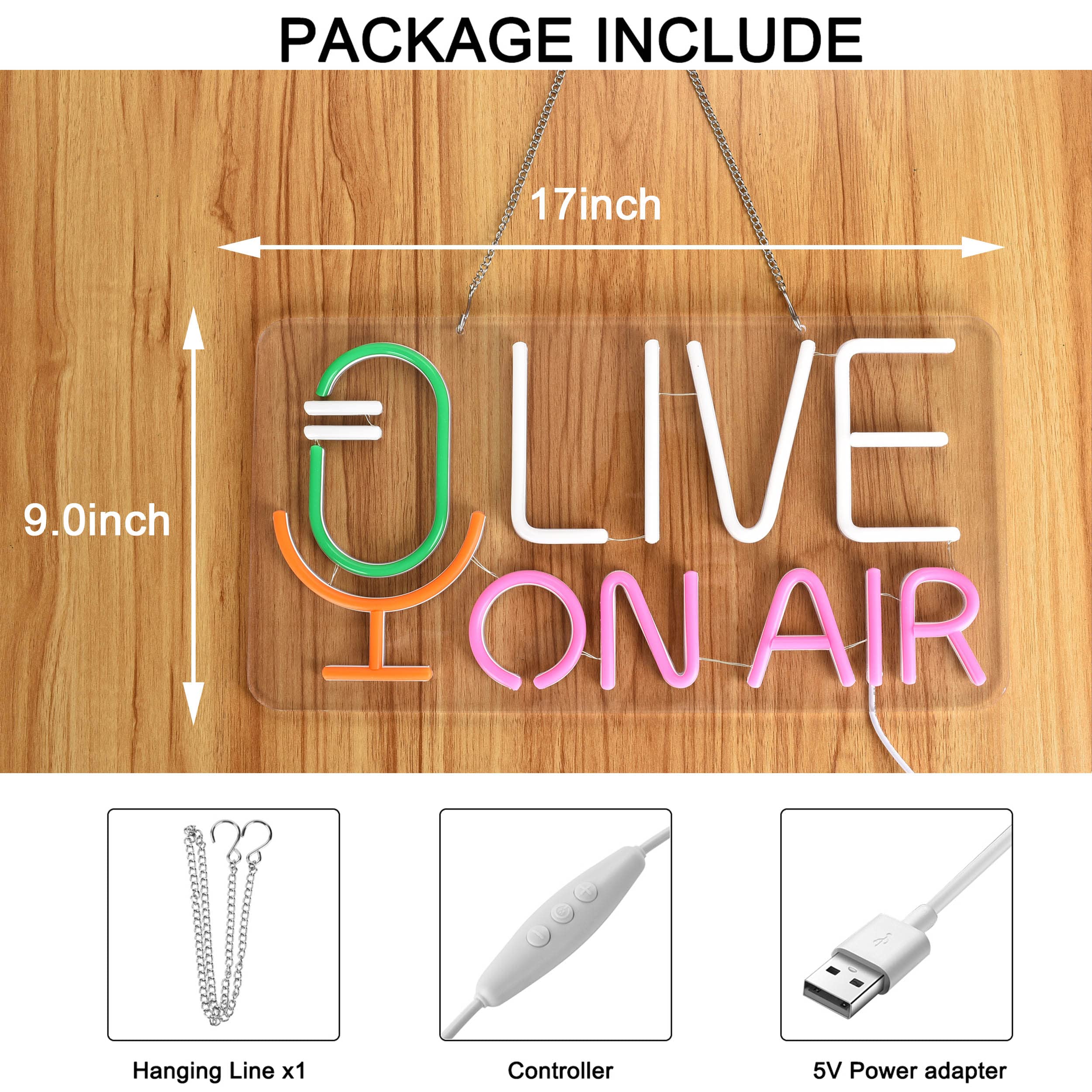 Geewkooy Live ON AIR Neon Sign, Dimmable LED Wall Decor, 43x23 cm, USB Powered, Blue/White/Green/Pink, Acrylic Material
