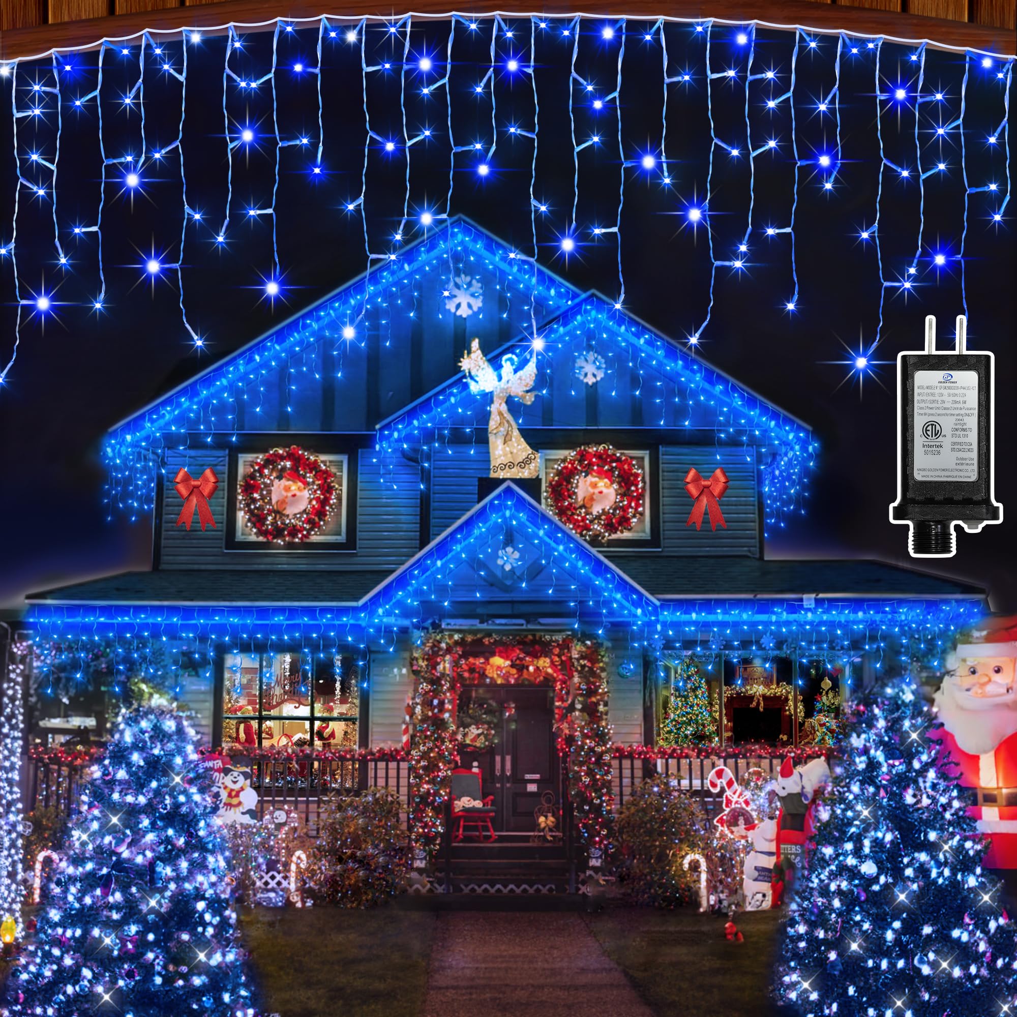 QUHUATU LED Christmas Outdoor Lights, 164ft Curtain Lights, 360 Drops, 8 Modes, Waterproof, Blue, Model WX-1620L