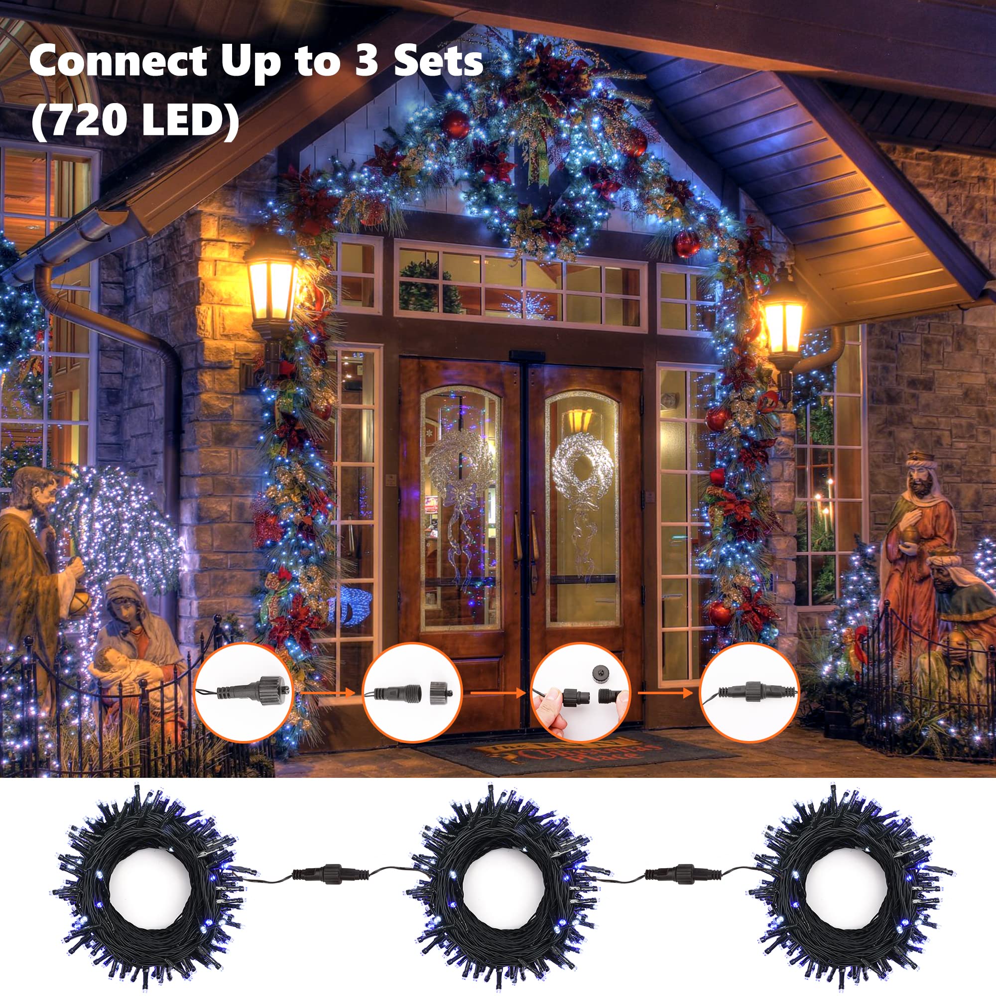 Brizled Blue & White Christmas Lights, 78.74Ft 240 Led Christmas Lights, Connectable 8 Modes Christmas Tree Lights, Outdoor Chri