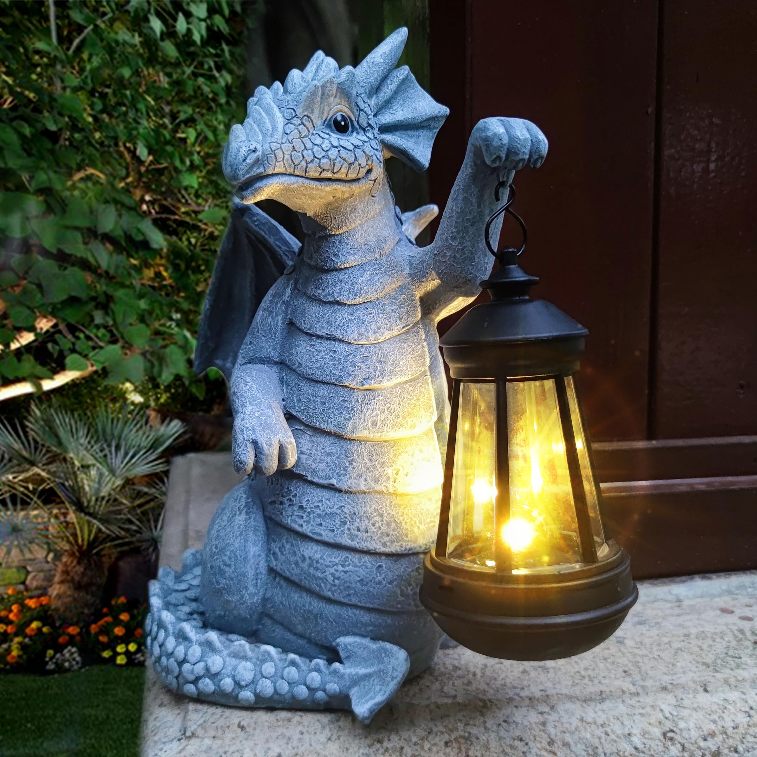 Solar Garden Decor Dragon Statues with Solar Lantern,Dragon Figurine Lights Outdoor Decorations for Yard Lawn Patio Balcony Whim