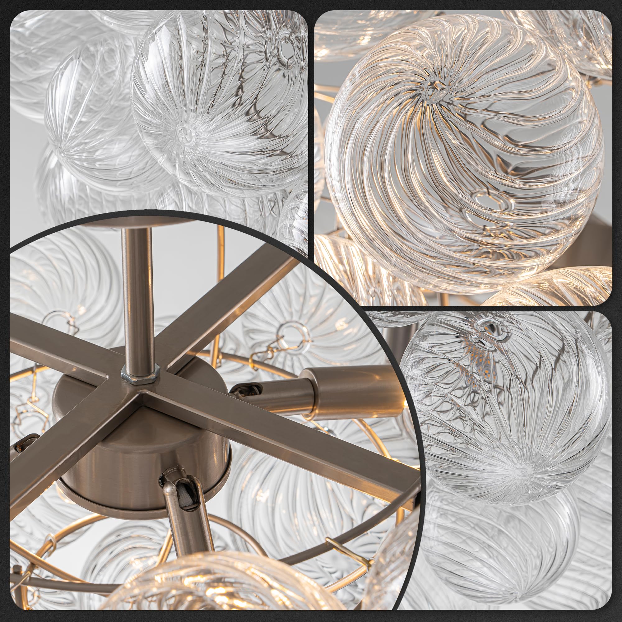 Beypan Bubble Ball Glass Chandelier Brushed Nickle Semi Flush Mount Ceiling Light Fixture 20'' Dia Clear Ribbed Blown Glass Glob