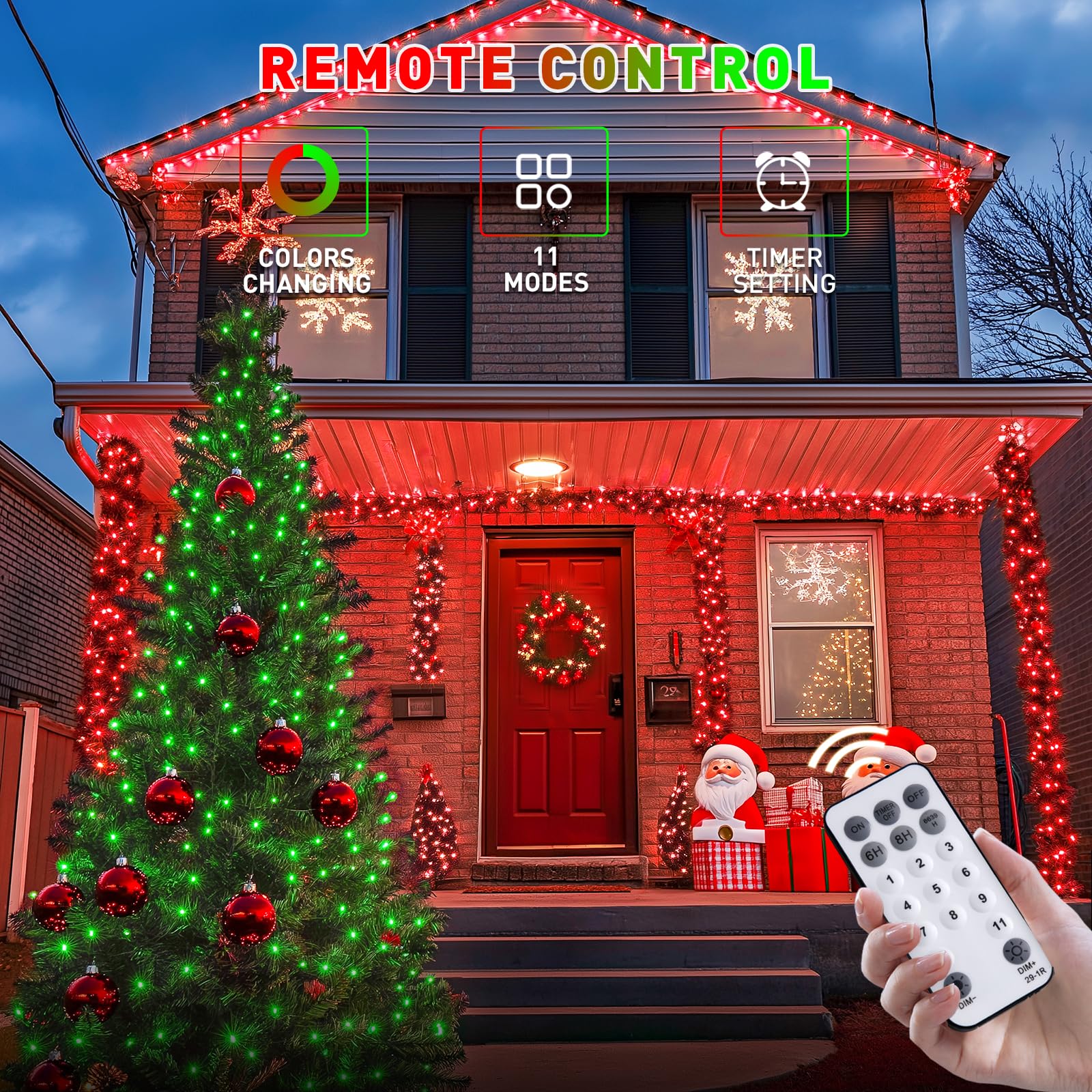 JMEXSUSS 200 LED Christmas Lights, 66ft Red and Green, 11 Modes, Waterproof, Connectable, Model EXS-S-0200-R