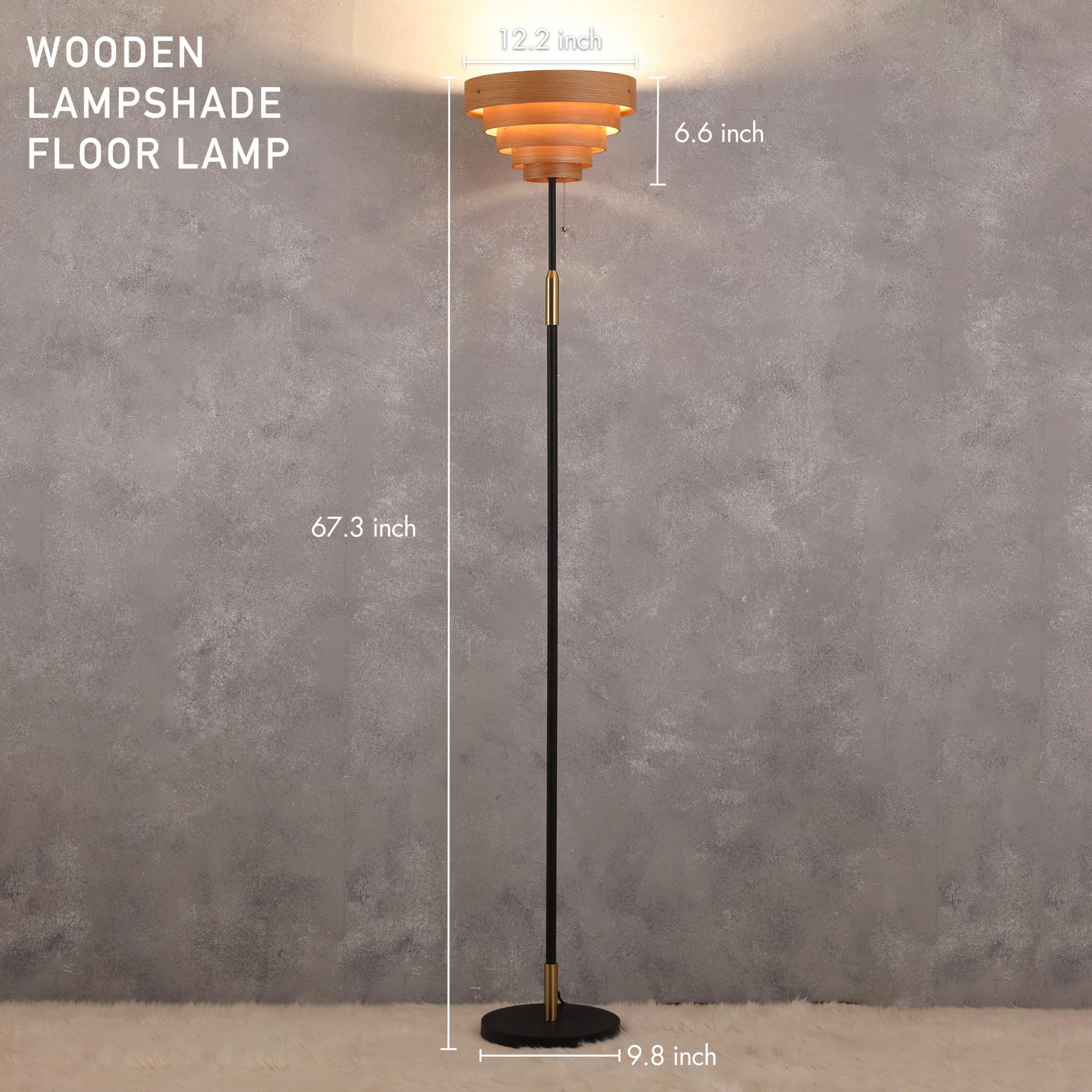 O'Bright Cascade Floor Lamp - Modern Wooden Layered Lampshade, E26 Socket, Pull Chain Switch, Metal Base, Standing Lamp For Livi