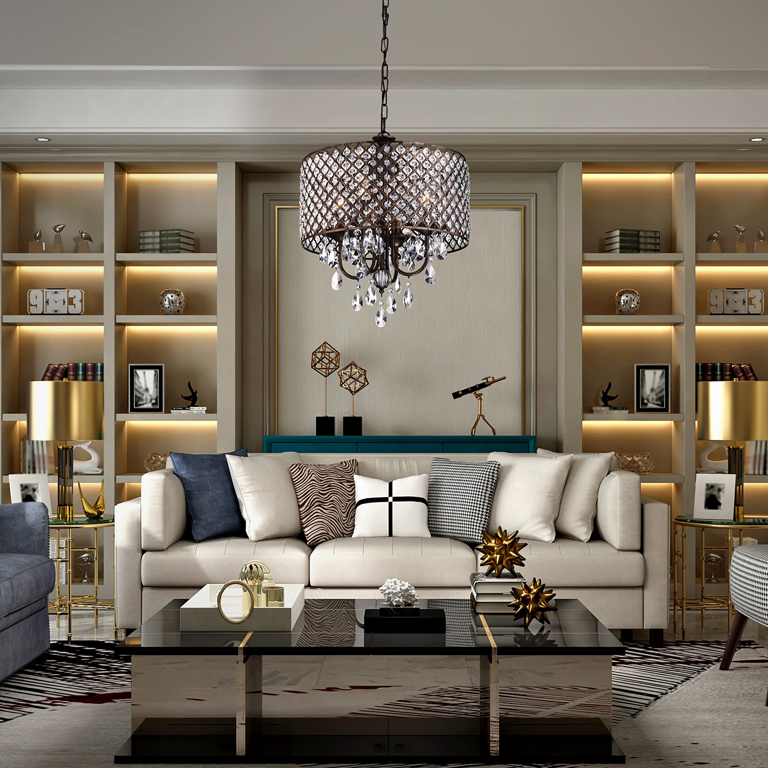 Edvivi Marya Drum Crystal Chandelier, 4 Lights, Antique Copper Finish, Adjustable Ceiling Light, Model EPG8019AC