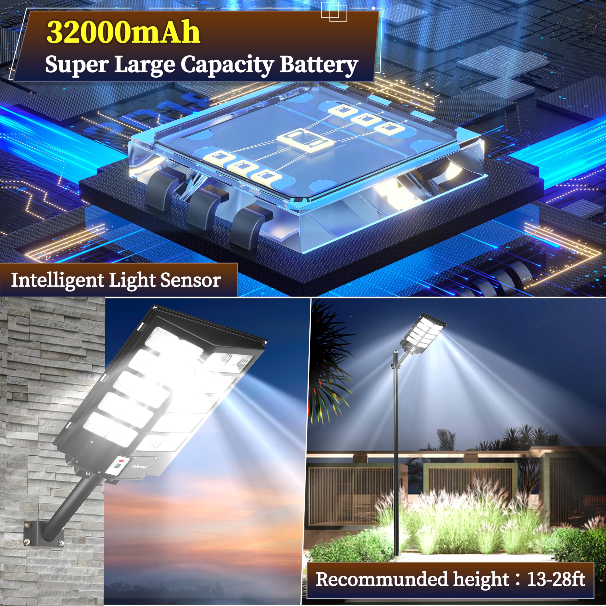 Ofuray Of-5200W Solar Street Lights, 520000LM LED Flood Light, IP67, Dusk to Dawn, Black, Remote Control for Outdoor Use