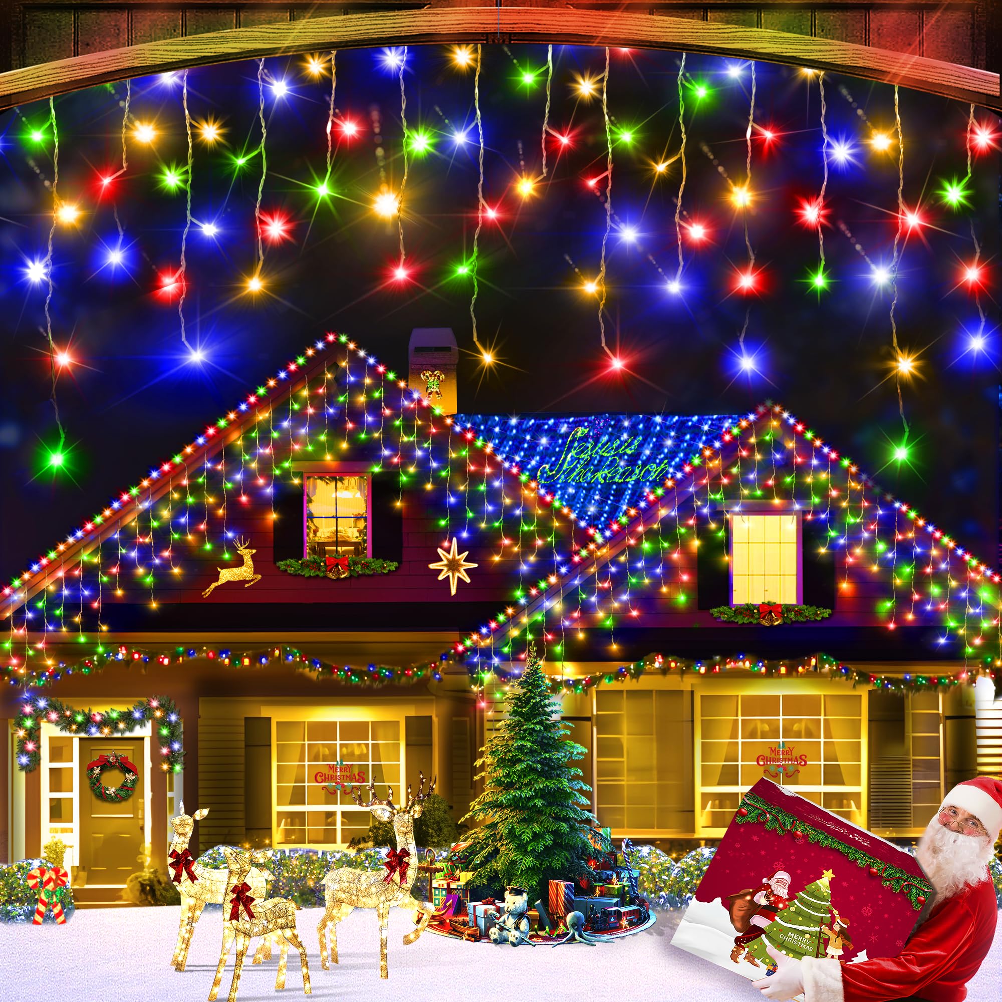 XURISEN 66ft Christmas Lights Decorations Outdoor, 640 LED 8 Modes Curtain Fairy Lights with 120 Drops,Plug in Waterproof Timer 