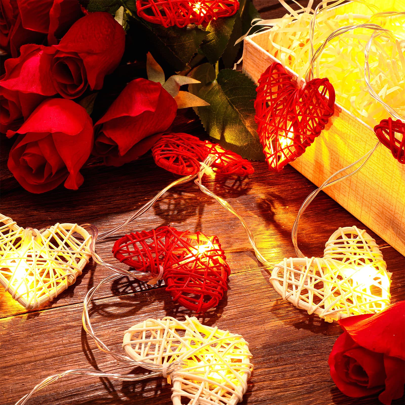 Mudder 10 Feet 20 Valentine's Day Heart String Lights Heart Shaped LEDs Garland Lights Valentines Day Decorations Rattan Vintage Decor for Indoor Outdoor Bedroom Wedding Party(1 Piece)