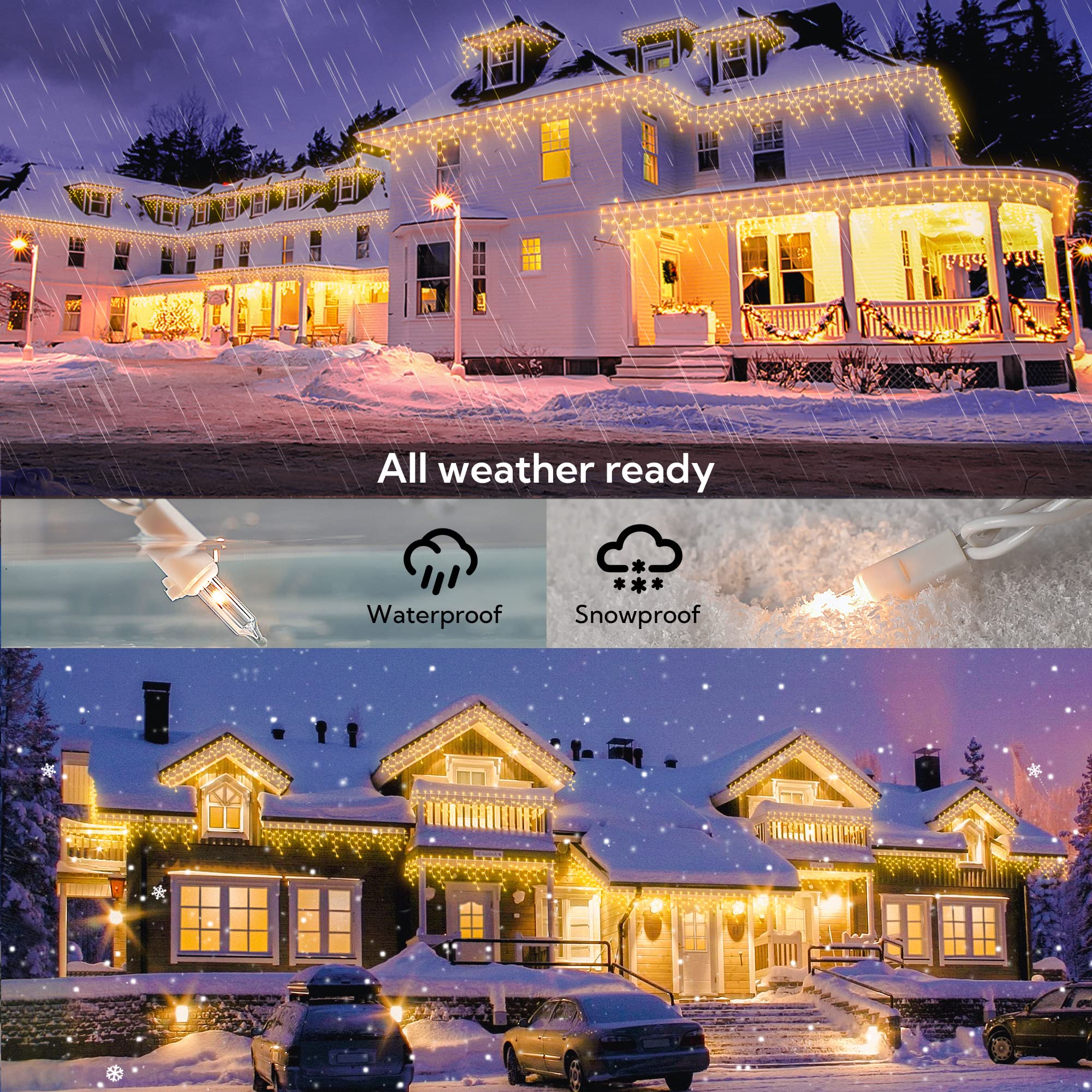 BEEWIN 200 Christmas Icicle Lights, Warm White, 23FT White Wire, Model QX-50-4-C, Indoor/Outdoor Decor