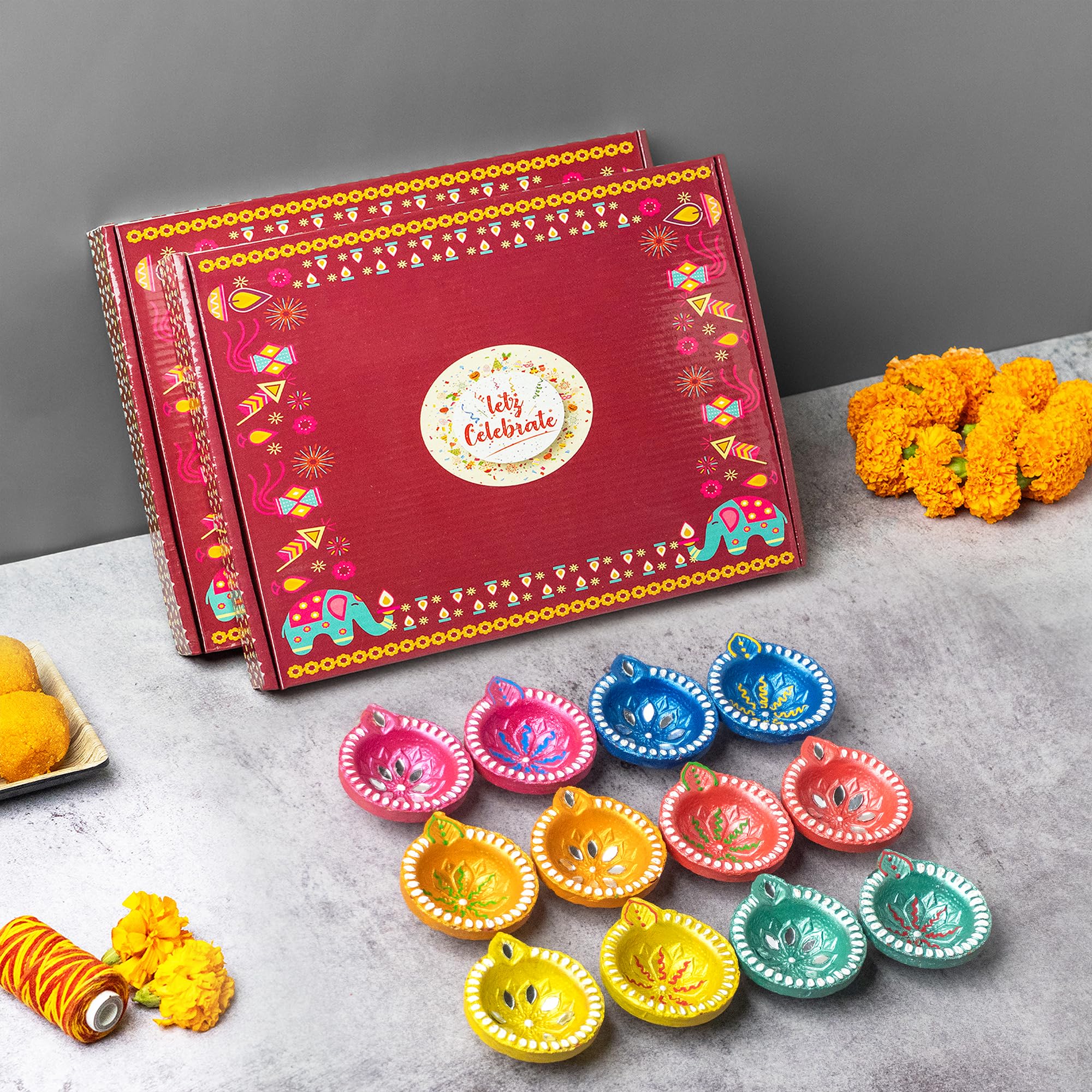 Letz Celebrate Clay Diyas - Pack of 24 Handmade Diwali Decorations, Design 6, for Pooja and Home Decor