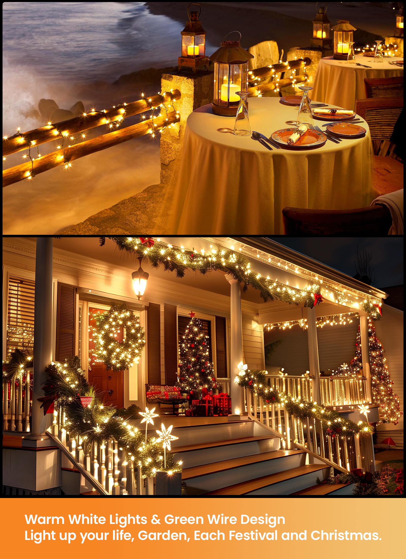 Brightown LED Mini Lights, 100 Clear Bulbs, 39ft, 8 Light Modes, Warm White, Green Wire, Model DMO-S-100