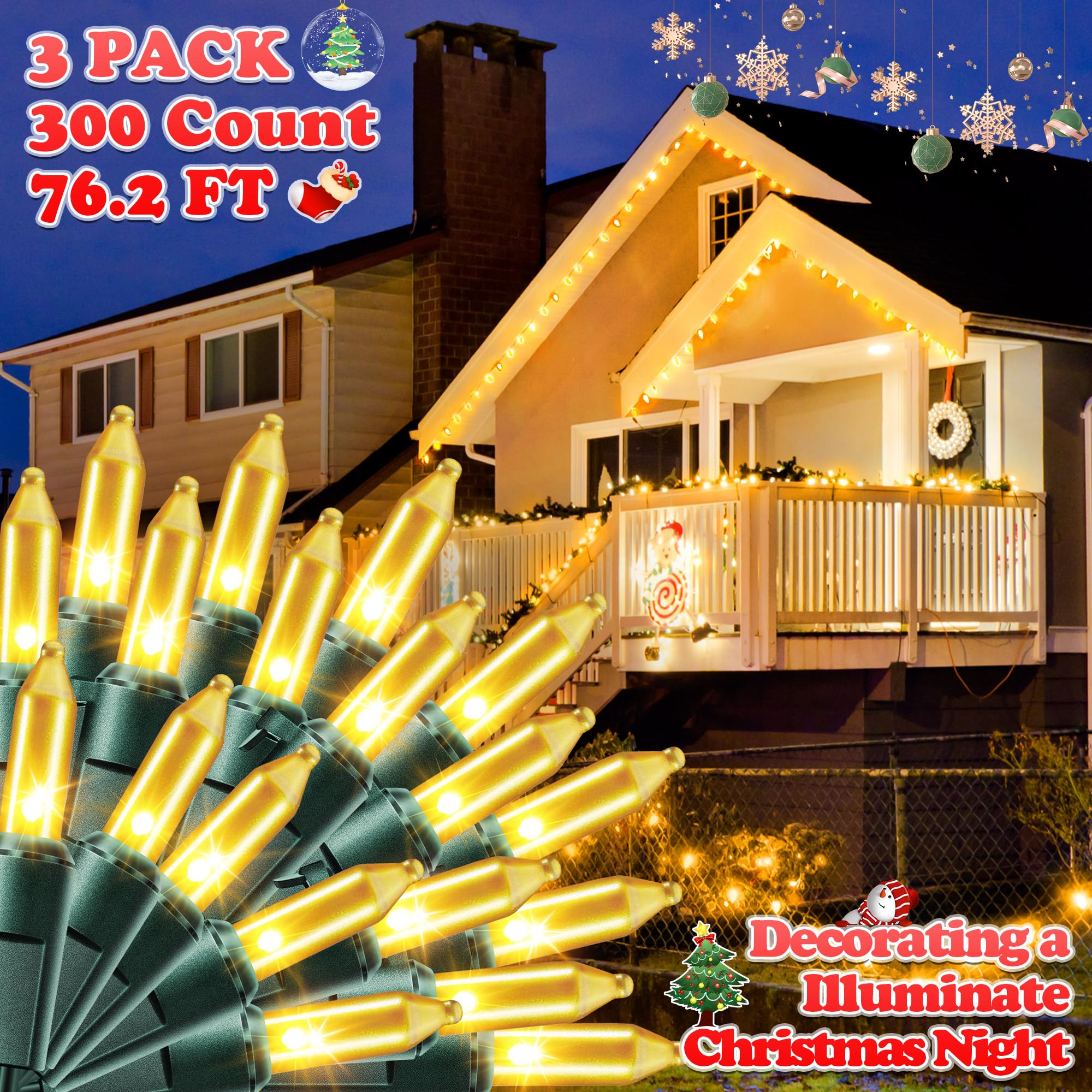 Enhon Twinkling Christmas Lights, 76.2 FT, 300 Random Bulbs, Waterproof, Gold, Model LCH7-100L/2F