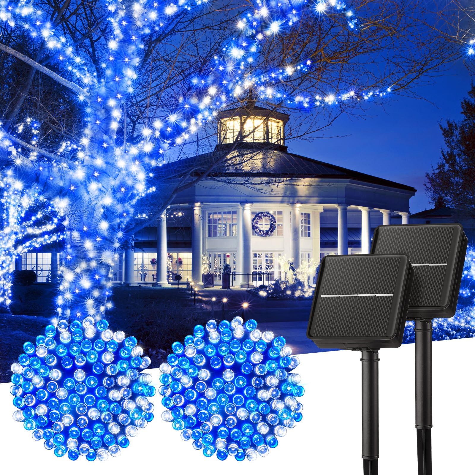 Minetom Solar Christmas Lights Outdoor Waterproof, 2 Pack Total 80FT 200 LED Solar Lights with 8 Modes, Solar Christmas Outdoor Decoration, Solar String Lights for Outside House Tree, Blue& Pure White