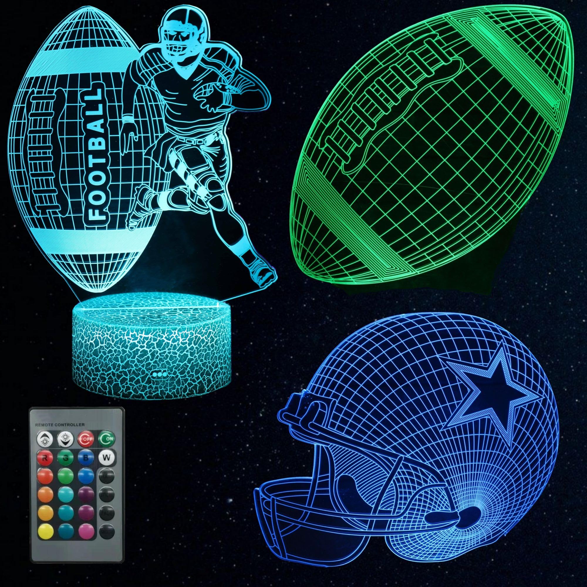 Kenmaca Football Player Helmet Night Light for Kids Bedroom, 3D Illusion Lamp, 3 Patterns 16 Colors Changing Dimmable Room Decor