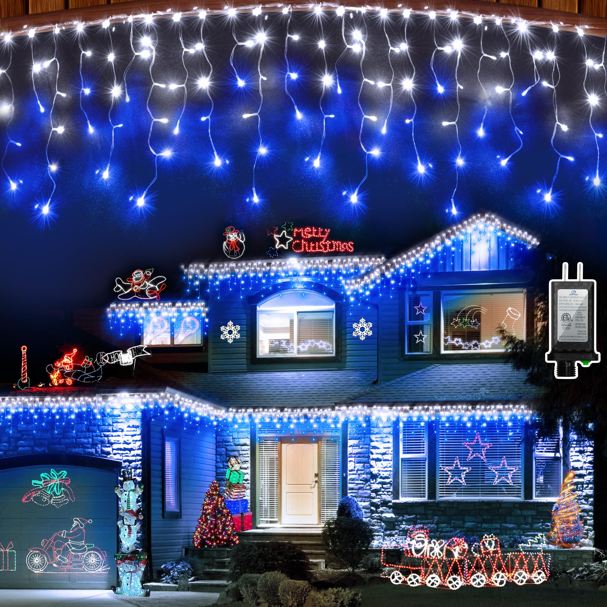 XIKENGSHQ 648 LED Outdoor Christmas Lights, 66ft with 144 Drops, Waterproof, 8 Modes, Blue & Cool White