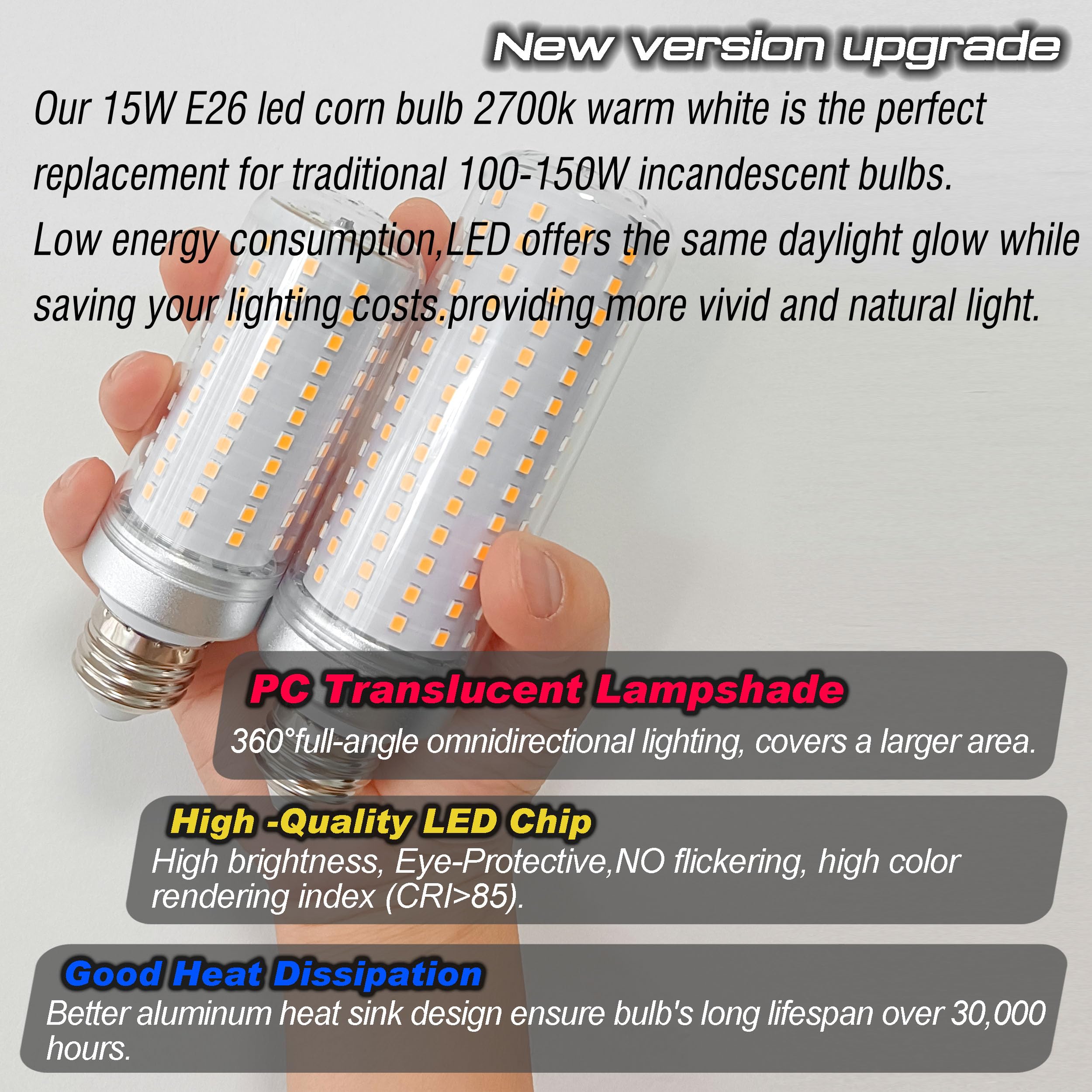 Big 1.57X 4.92 Inch  E26 Led Corn Light Bulbs 150 Watt Equivalent 2000 Lm 2700K Warm White 15W E27 Medium Base Non-Dimmable Candelabra Ceiling Fan Corn Lighting For Home Garage Warehouse Indoor 5Pack
