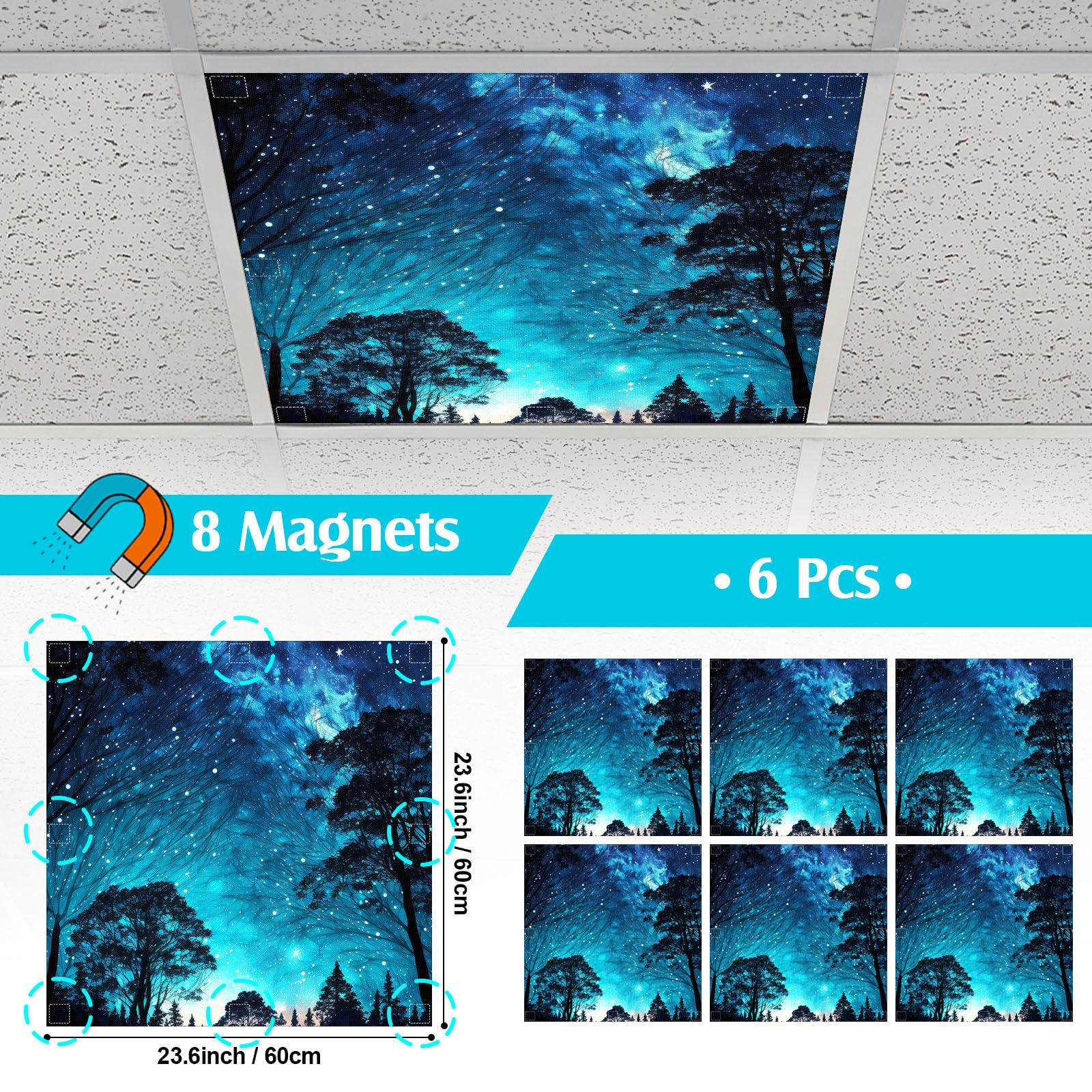 Kittmip 6 Pcs 2 ft Fluorescent Light Covers with 48 Magnets - Starry Night Decor for Classroom, Office, Kitchen