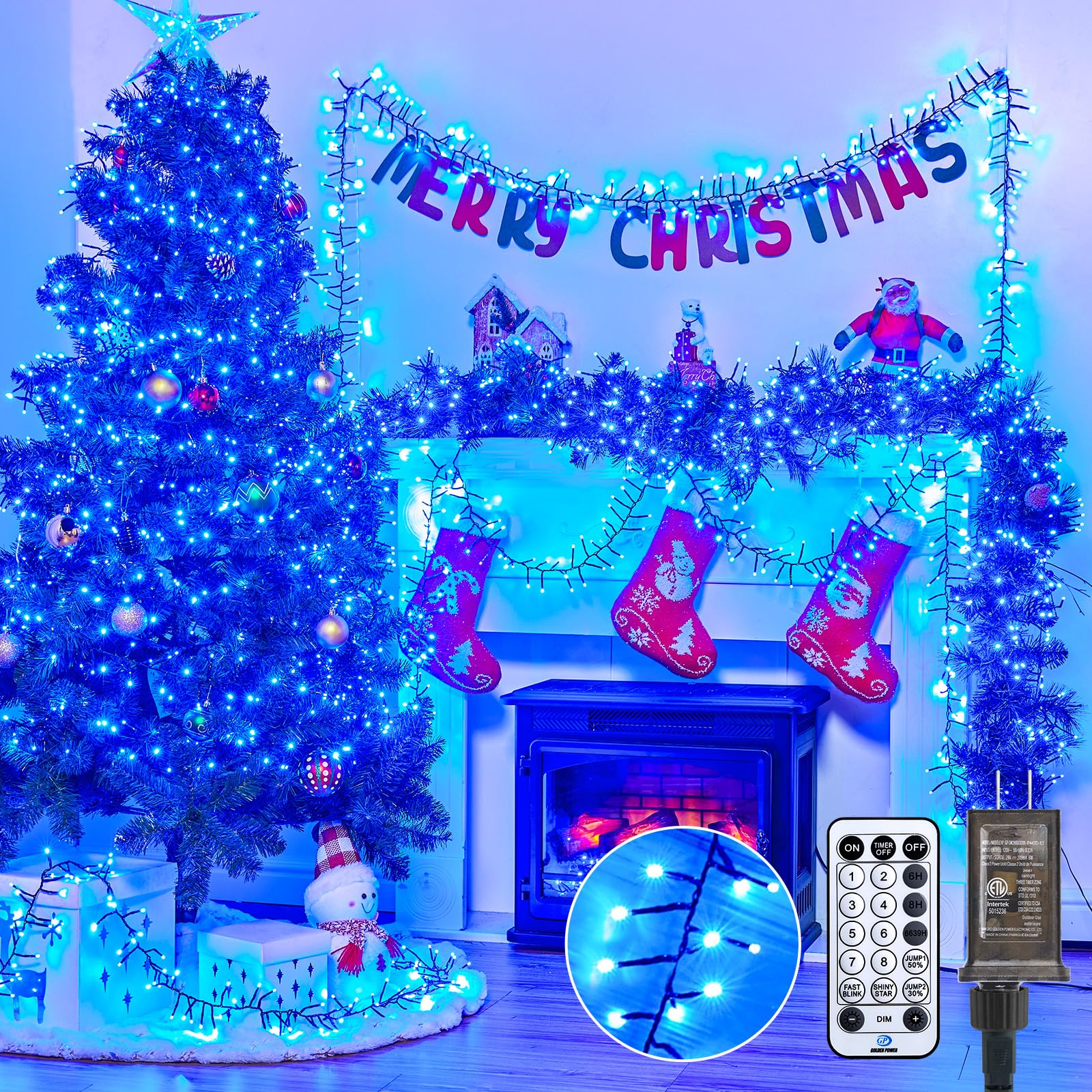 Brightown Christmas Tree Lights Outdoor Cluster Lights - 1000 LED 50 Ft Christmas Firecrackers String Lights, 12 Modes Timer Remote Waterproof Plug in Twinkle Fairy Lights for Xmas Tree Garland, Blue