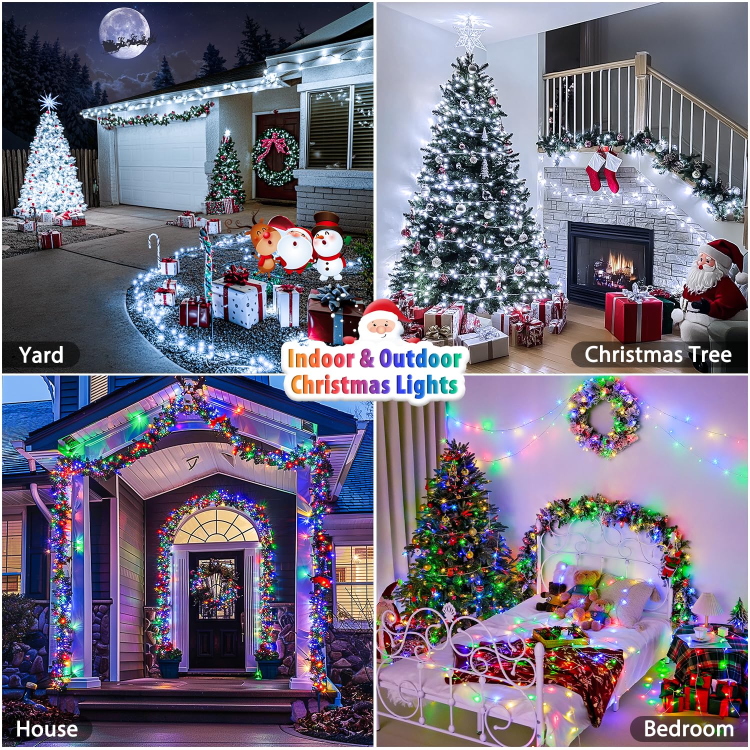 JMEXSUSS 2 Pack 100 LED Color Changing Christmas Lights, 33ft Cool White & Multicolor Christmas Lights Outdoor Waterproof, Clear