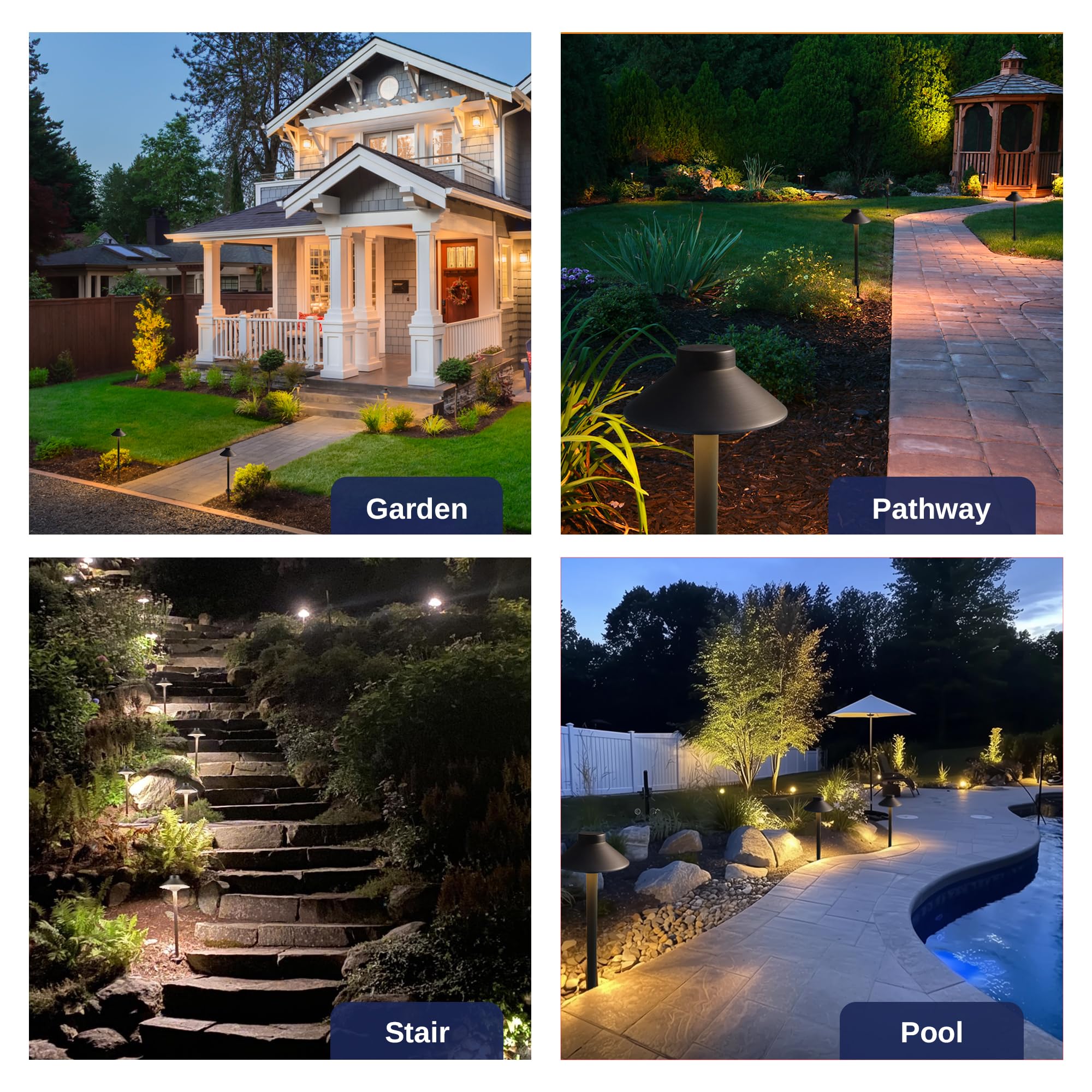 Gardenreet Low Voltage Landscape Lighting - Solid Brass Pathway Lights 12V, Led Path Lamp Waterproof, Hat Shaped Wired Bronze Fo