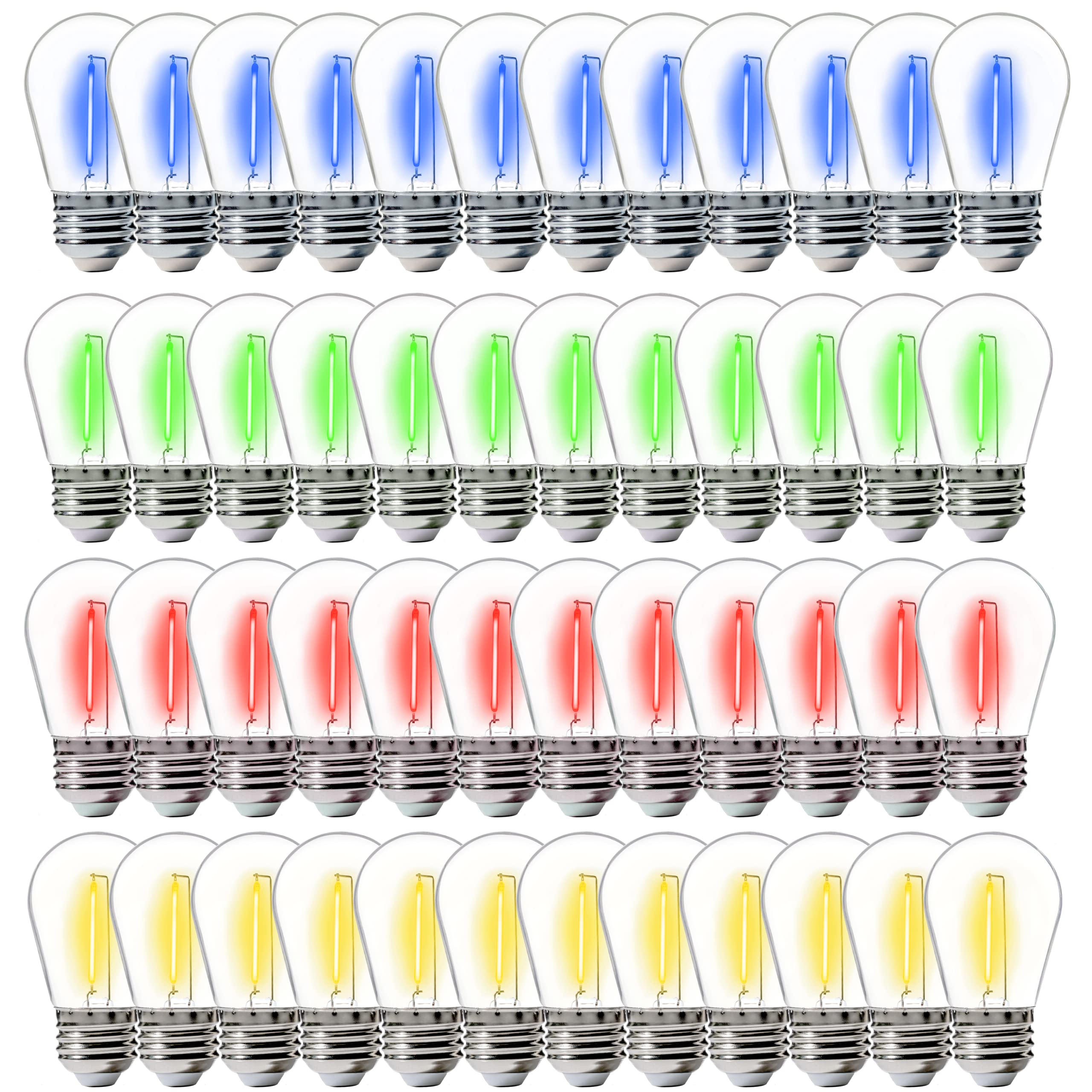FLSNT 48 Pack S14 Colored LED String Light Bulbs, Waterproof Outdoor Replacement Bulbs, E26 Base, CRI80, Red/Green/Blue/Warm White